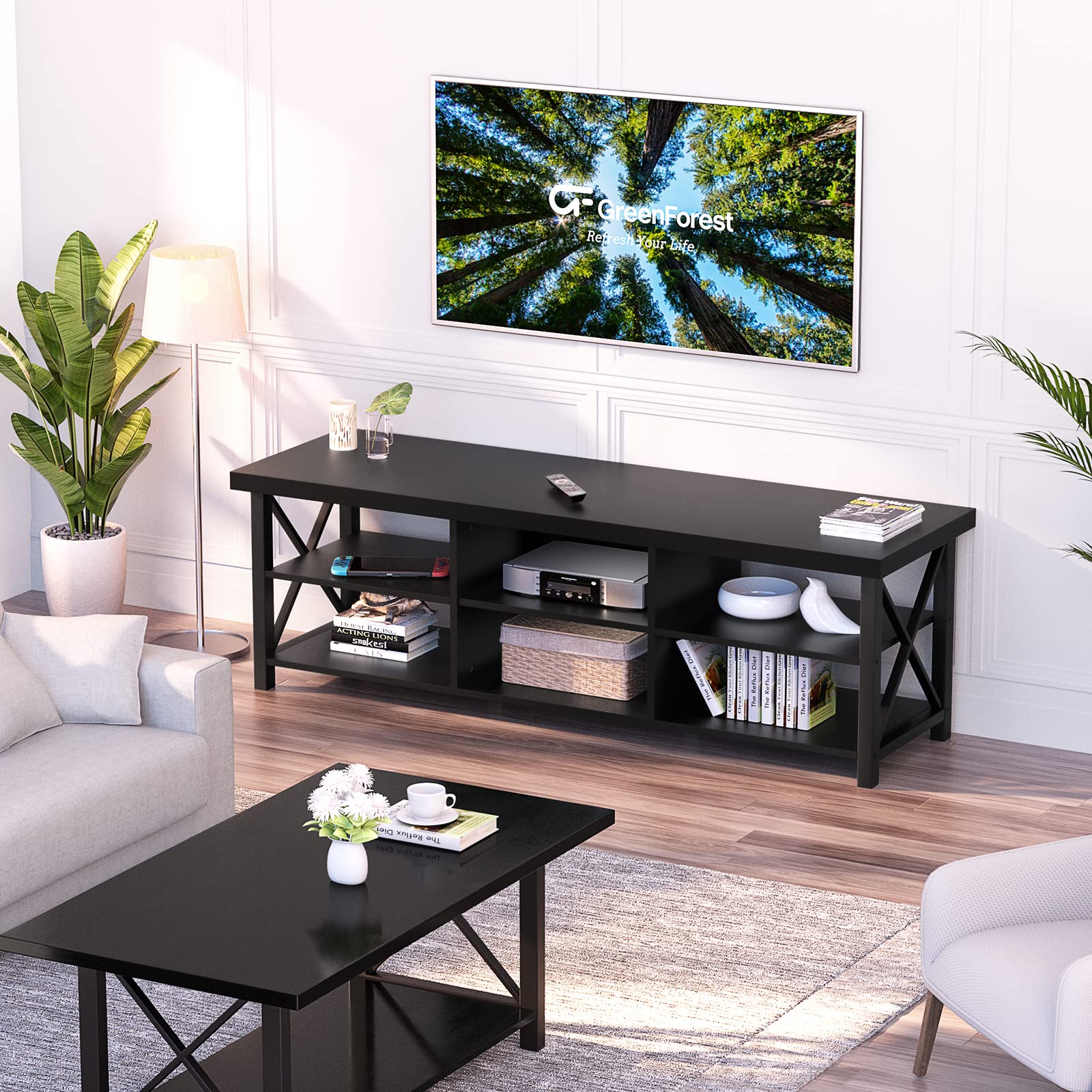 GreenForest 65 Inch TV Stand with 6 Storage Cabinets - Industrial Farmhouse Entertainment Center for Living Room, Black | Perfect for Home Theater & Living Room Organization