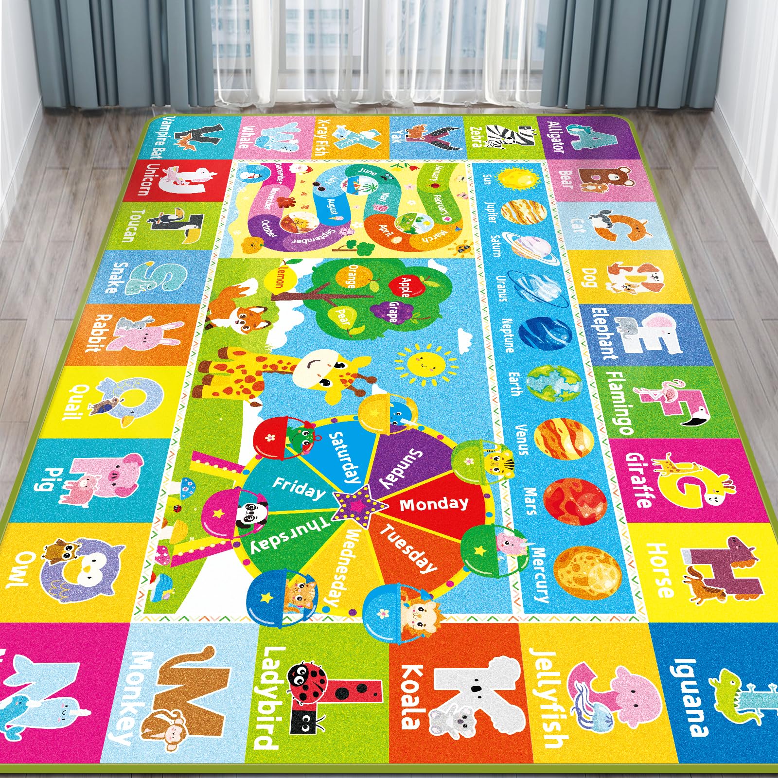 **AKASISRUG Educational Kids Play Mat - ABC, Animals, Months, Weeks, Fruits & Planets Learning Rug for Playroom, Classroom & Bedroom - Non-Slip Baby Play Mat (78.7