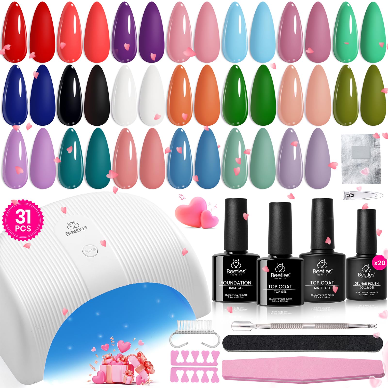 Beetles 31Pcs Gel Nail Polish Kit with UV Light - Soak Off Base & Top Coat, Matte & Glossy Finish, All Season Nail Art Set for Women & Girls | Perfect for Home Manicures, Salon Treatments, DIY Nail Designs, and Gift Giving