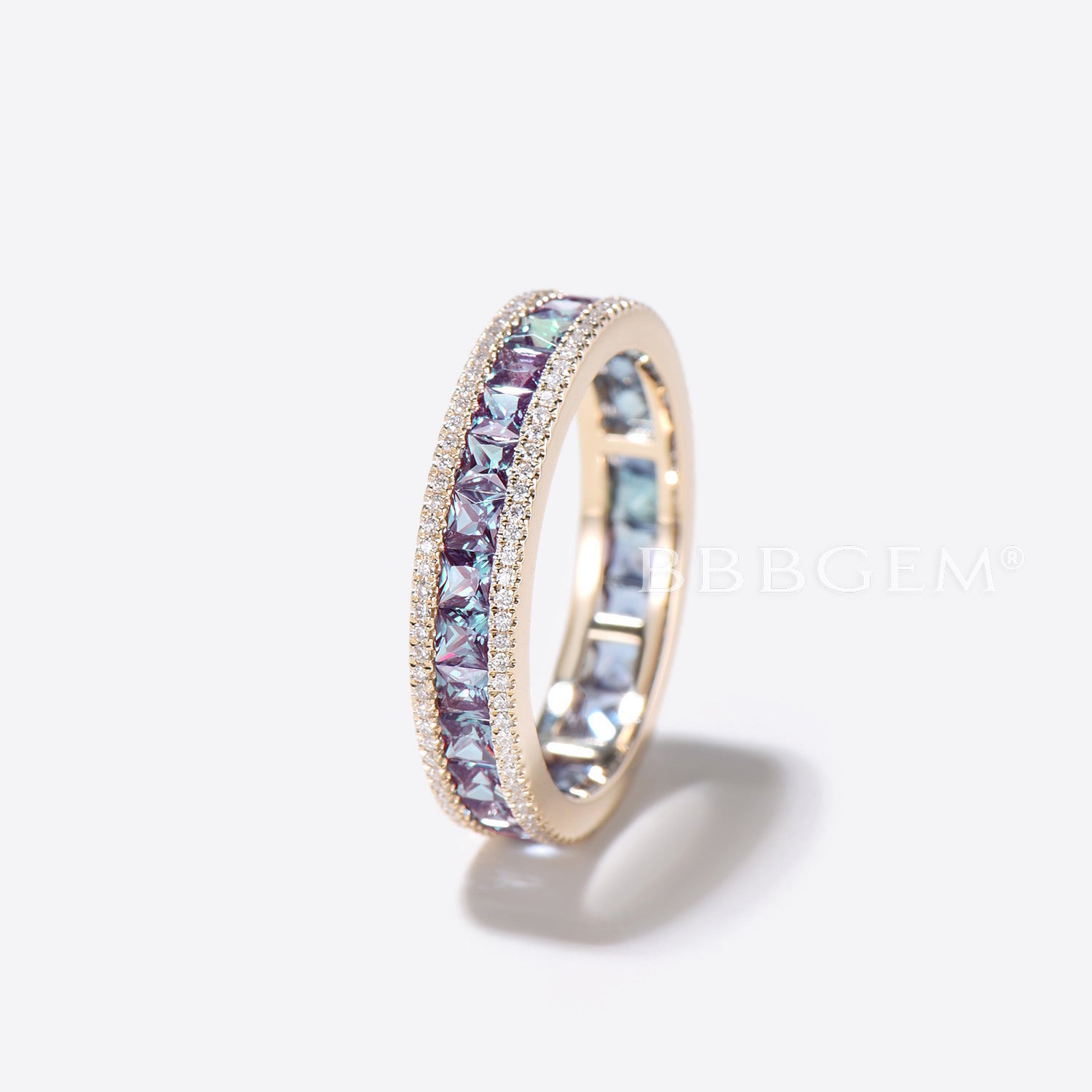 Princess Cut Color Changing Alexandrite Diamond Halo Eternity Wedding Band – Perfect for Engagement, Anniversary & Bridal Jewelry Gifts