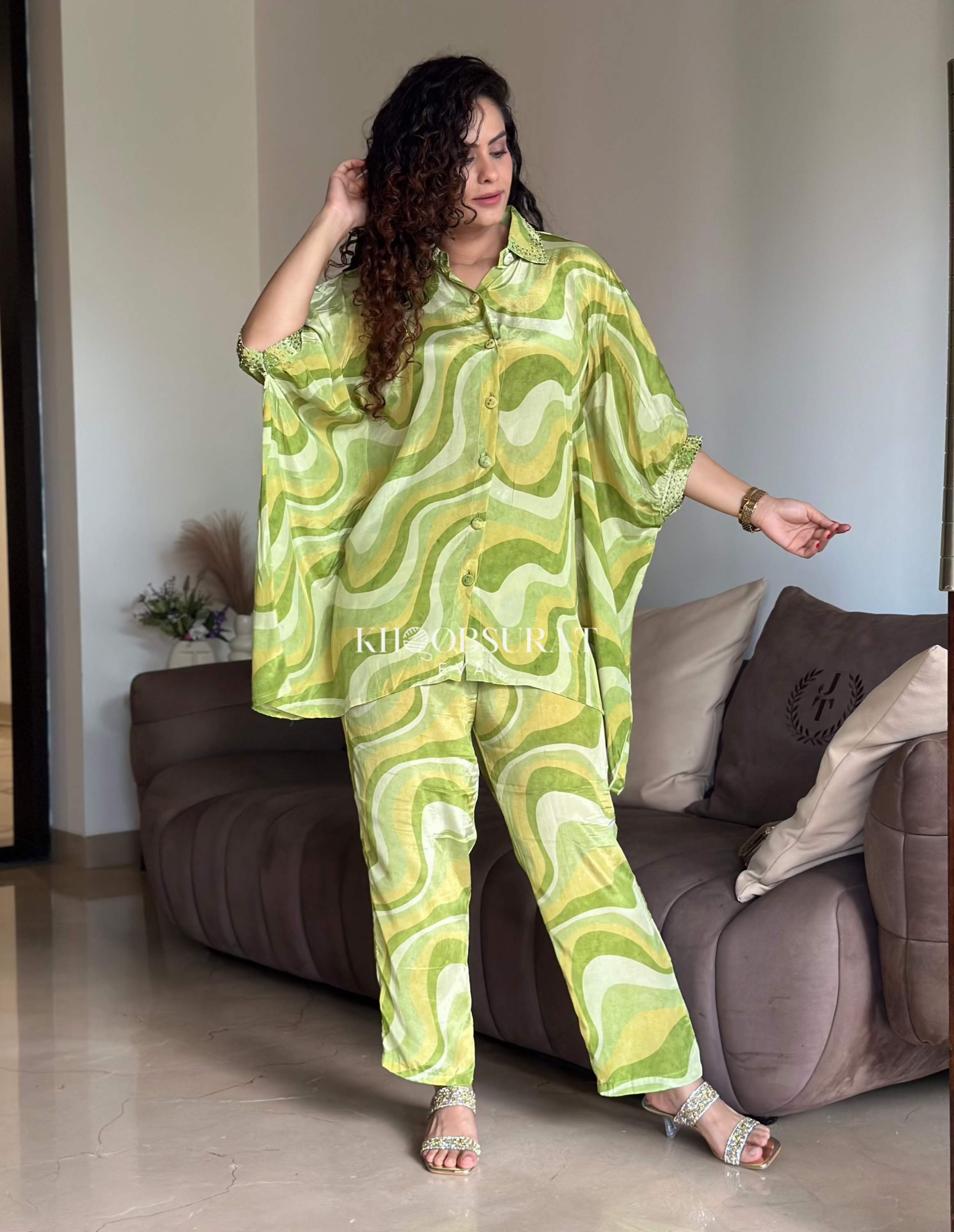 Emerald Green Kaftan Coord Set - Women's Elegant Lounge & Beach Cover Up - Perfect for Vacation, Resort Wear and Summer Outfits
