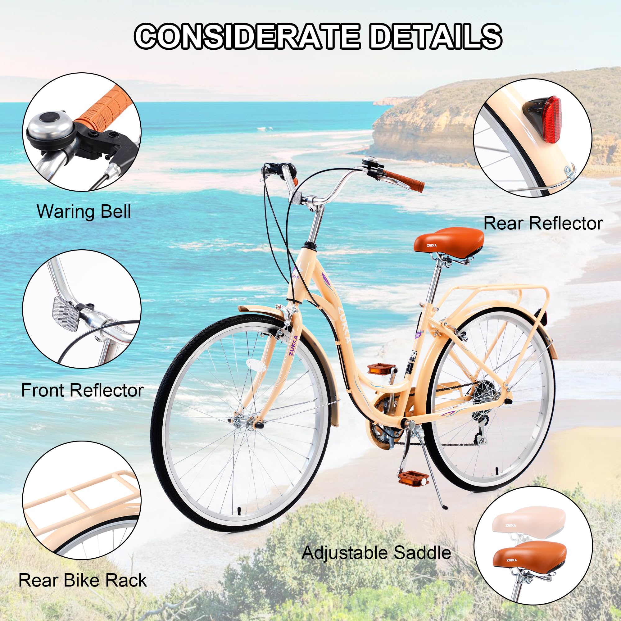 **26 Inch 7-Speed Women's Cruiser Bicycle - US Stock | Beach & City Hybrid Bike in Lotus Pink (Beige) | Perfect for Commuting, Leisure Rides & Beach Outings**