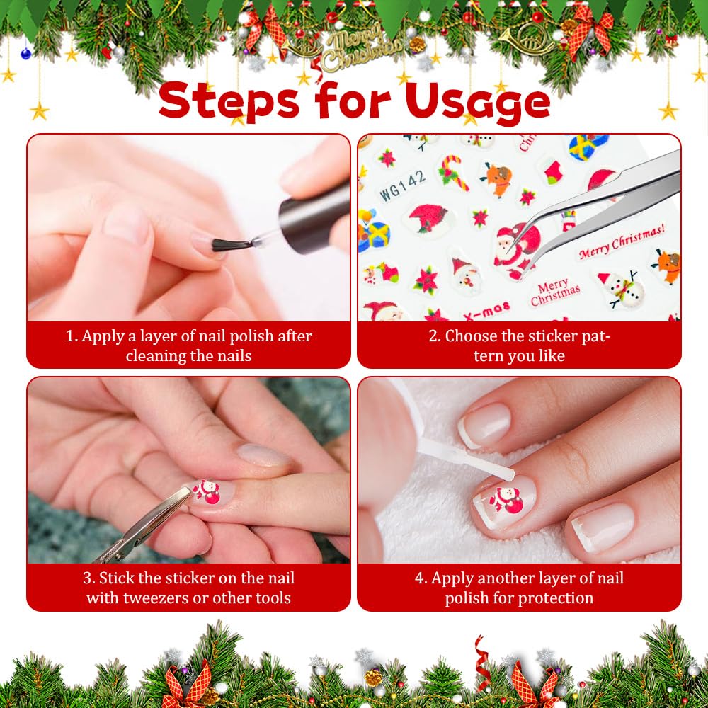 Christmas Nail Art Stickers - 13 Sheets Winter Snowflake/Santa/Reindeer Nail Decals - Self-Adhesive Nail Stickers for Women & Girls - Perfect for Holiday Parties & DIY Manicures