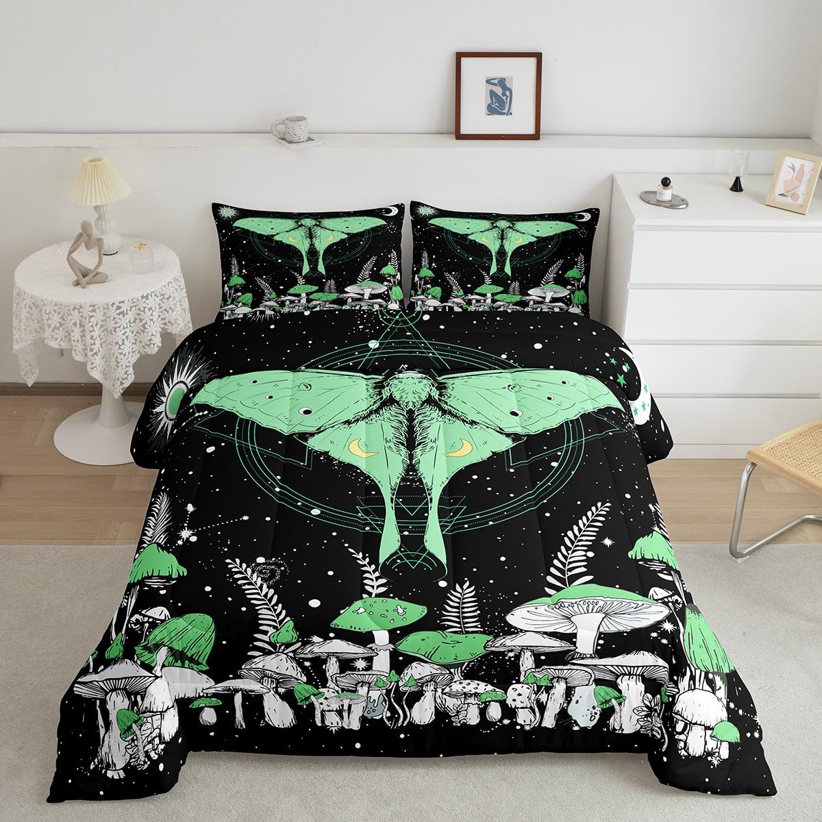 Trippy Green Mushroom Duvet Cover Set for Kids - Twin Size Comforter with Stars & Moon Constellation Design - Soft Microfiber Bedding for Boys & Girls (2-Piece) - Perfect for Kids' Bedroom Decor & Cozy Sleep