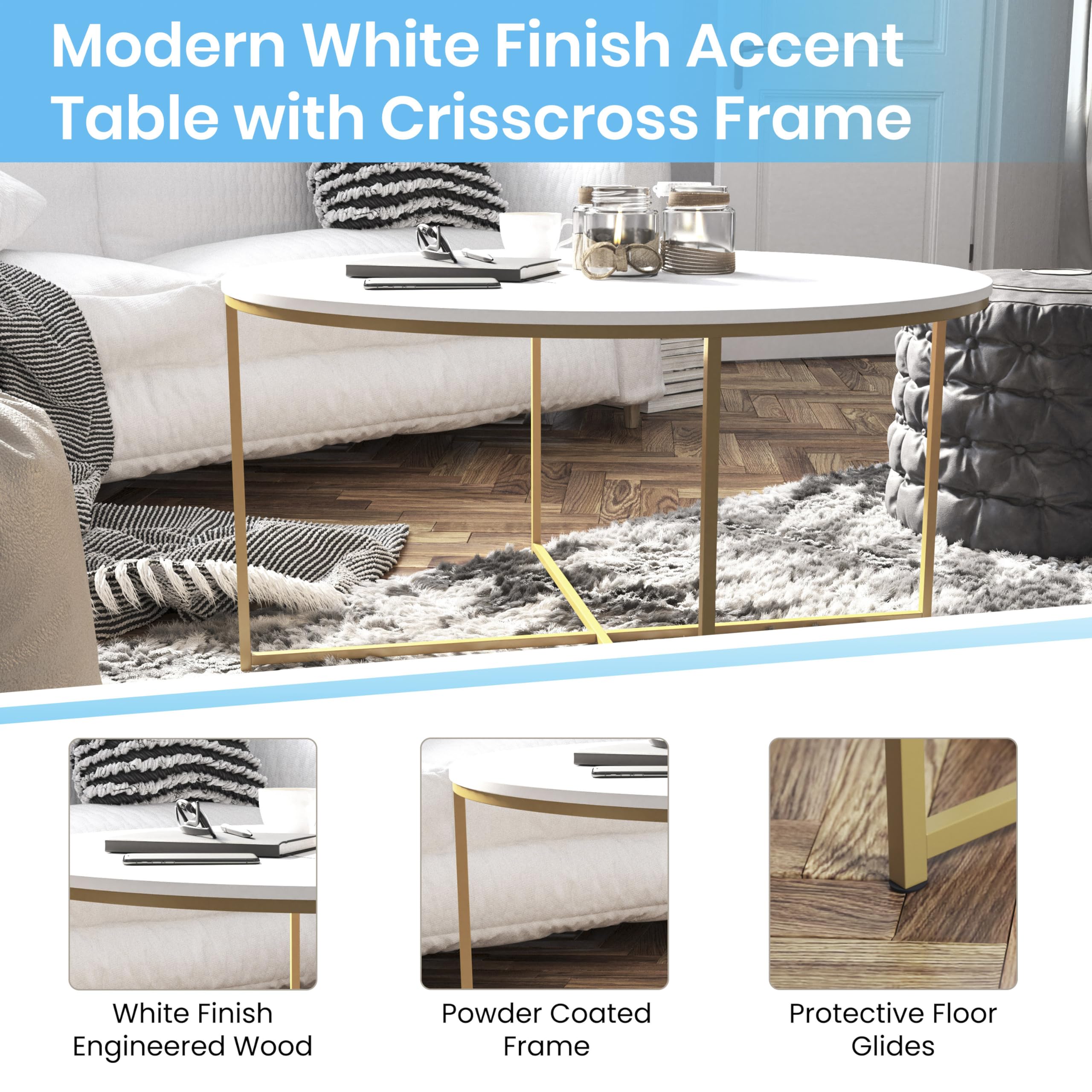 Modern White Finish Coffee Table with Crisscross Brushed Gold Frame - Hampstead Collection - Stylish Living Room Furniture for Home Decor & Entertaining