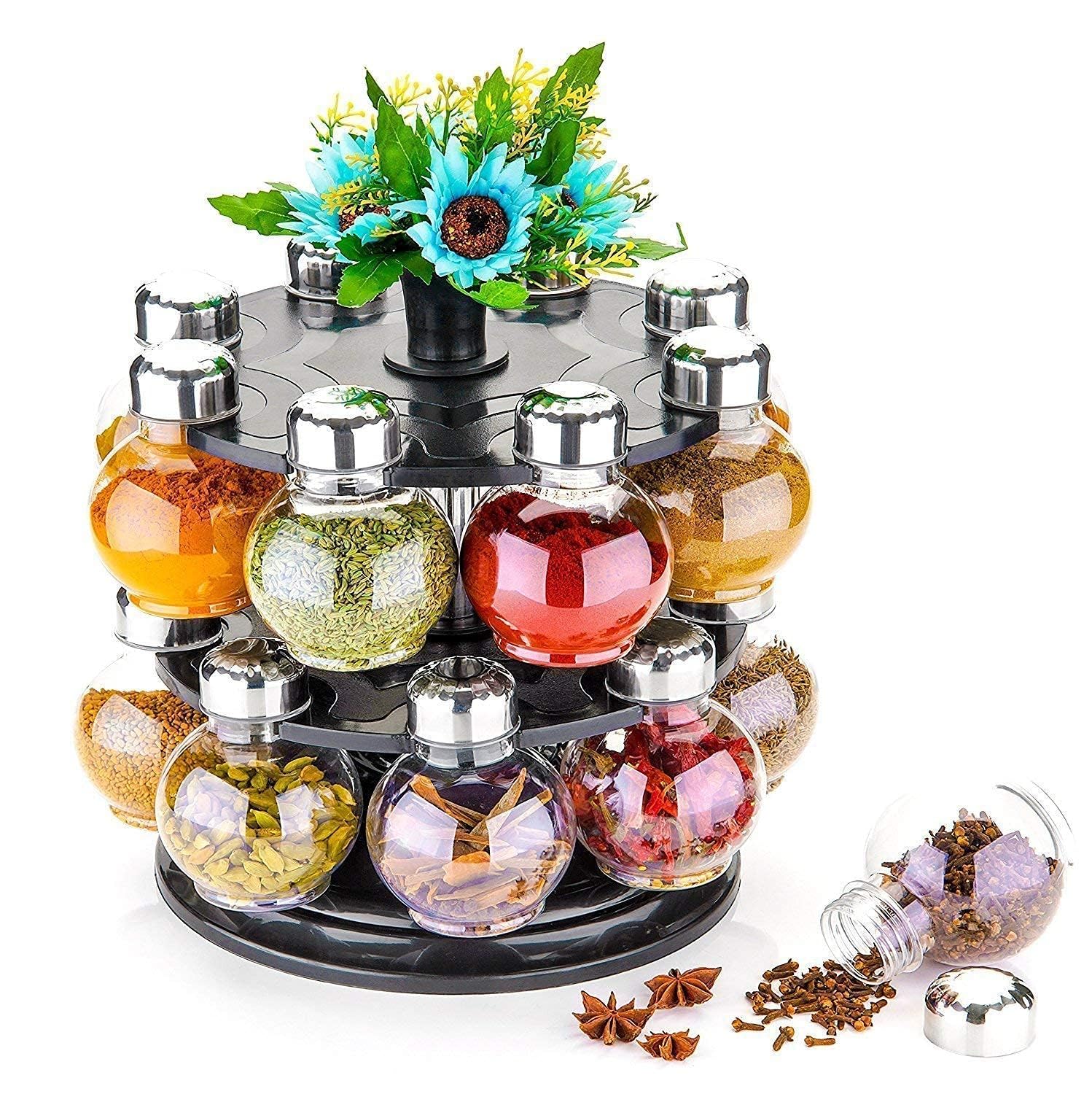 RUBBY 16-in-1 Multipurpose Rotating Spice Rack Set - Plastic Spice Organizer with 16 Containers for Kitchen Countertop Storage | Perfect for Organizing Spices, Condiments, Herbs & Seasonings in Small Kitchens