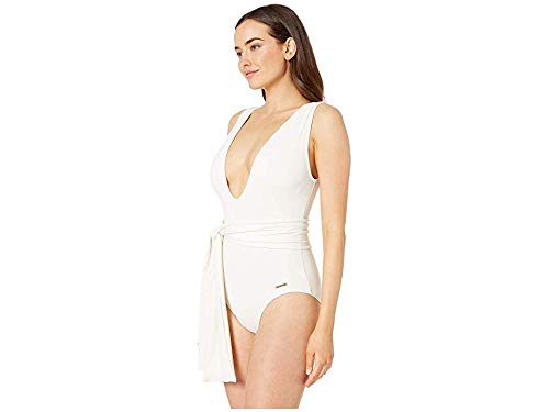 Vince Camuto Belted Plunge V-Neck One-Piece Swimsuit with Removable Soft Cups - Sand Size 10 | Perfect for Beach Vacations, Pool Parties & Summer Getaways
