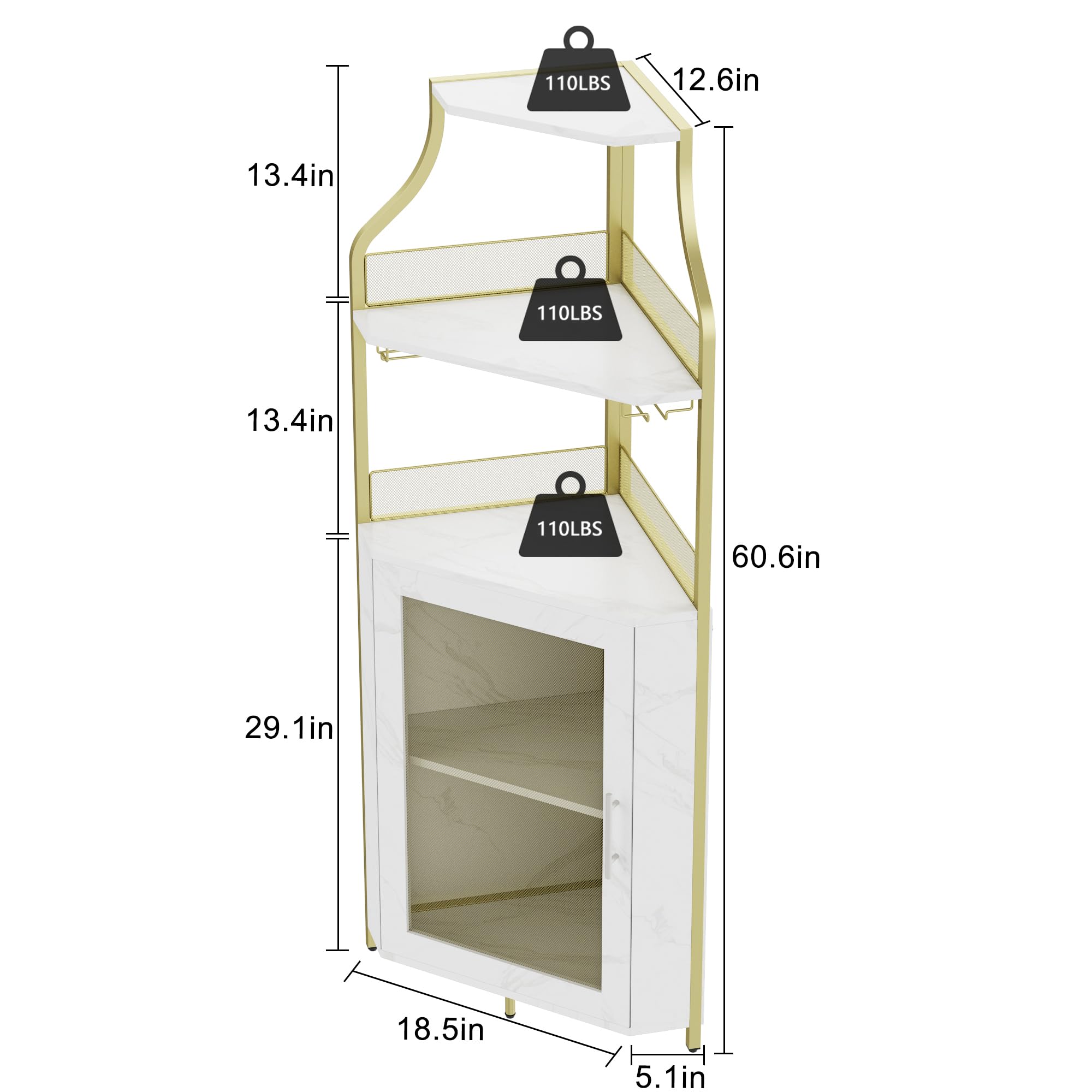 5-Tier Industrial Wine Cabinet with LED Lights & Glass Holder - Adjustable Shelf, Mesh Door & Gold Finish - Perfect for Home Bar, Kitchen, Dining Room & Entertainment Spaces