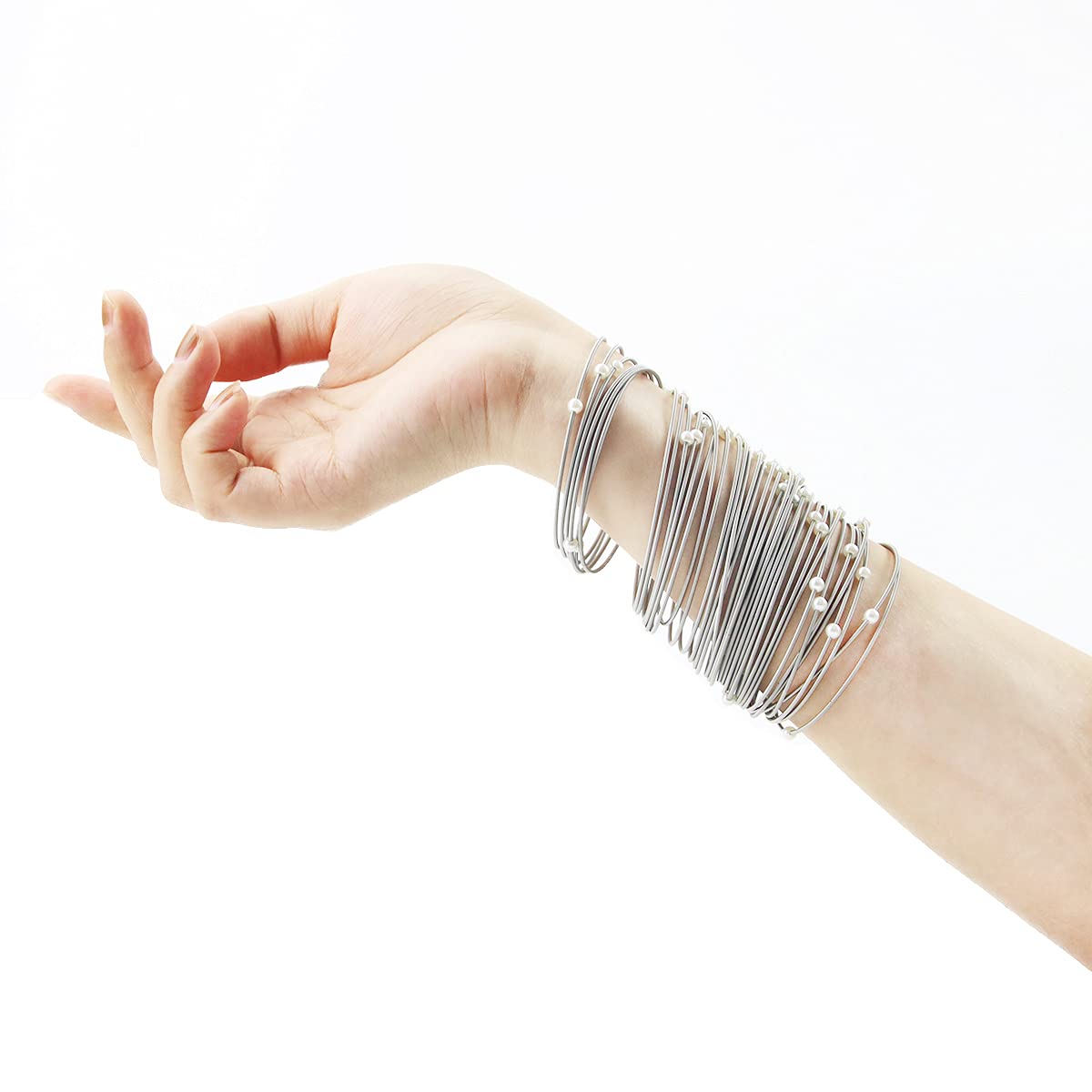 40 Pack Stainless Steel Guitar String Coil Bracelets - 4mm White Pearl Layered Stackable Bangles for Women, Flexible Adjustable Wristbands for Music Lovers, Boho Fashion Jewelry Gift for Concerts & Festivals