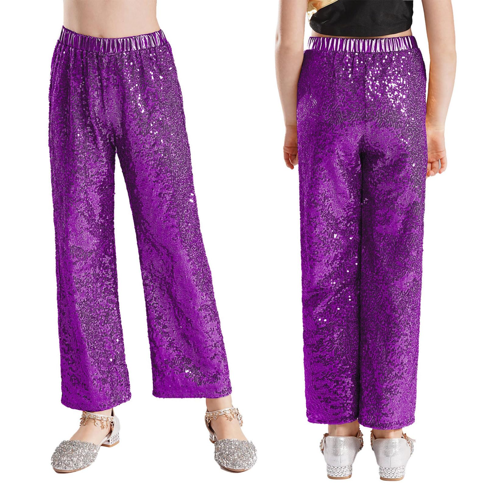 Shiny Disco Dance Pants for Kids - Girls & Boys Jazz Hip Hop Performance Costume, Stretchy Flared Leggings for Street Dance, Yoga & Halloween Outfits - Perfect for Dance Recitals, Parties & Cosplay