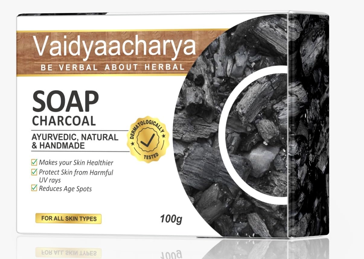 Vaidyaacharya Charcoal Soap - Herbal & Natural Bathing Bar for Glowing Skin, All Skin Types, 100g - Deep Cleansing & Detoxifying for Acne, Blackheads & Oily Skin | Perfect Daily Face & Body Wash for Men & Women
