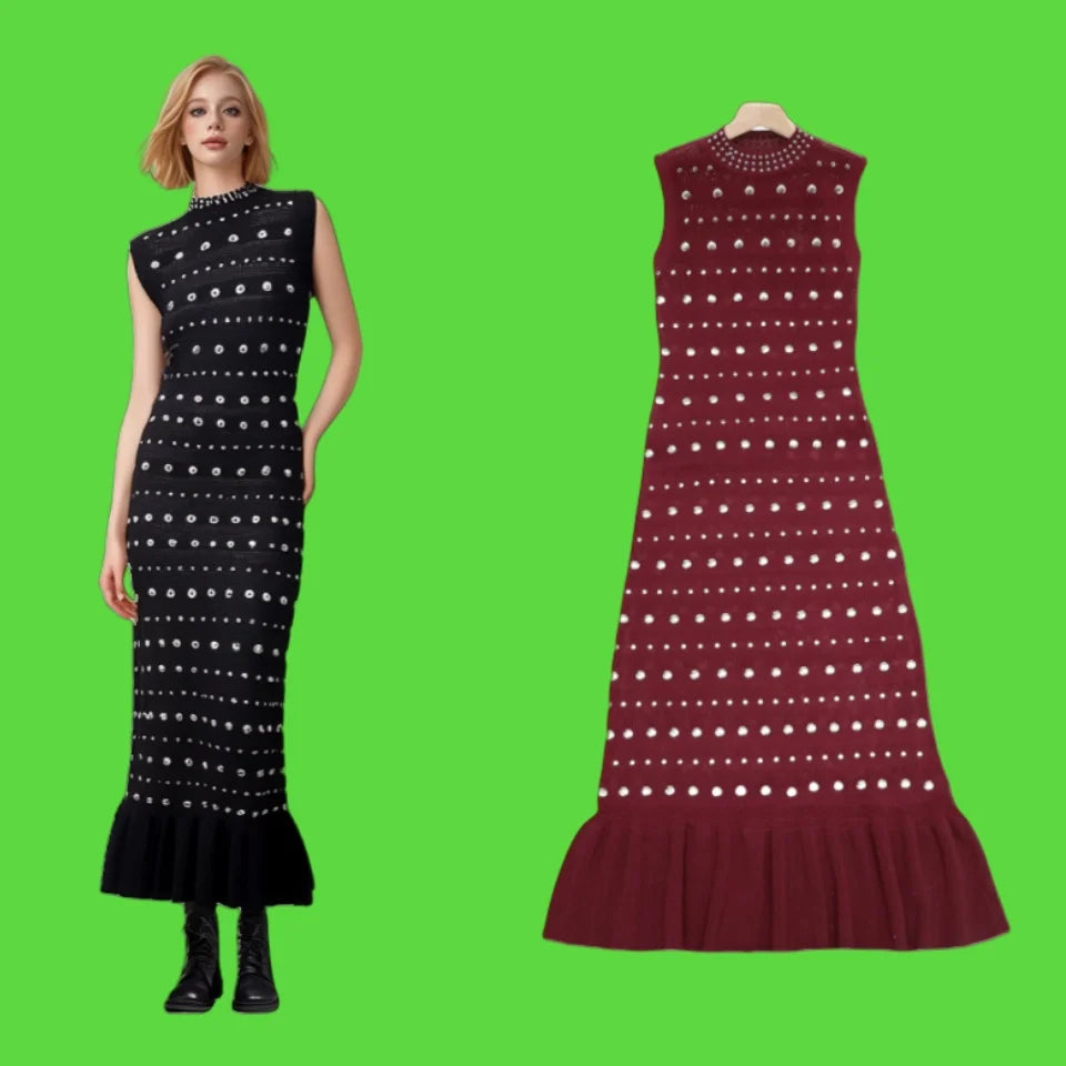 Black Diamond Sleeveless Ruffle Edge Knitted Dress for Women - Summer Red Elegant Round Neck Office Slim Wrap Hip Long Dress - Perfect for Work, Cocktail Parties & Date Nights
