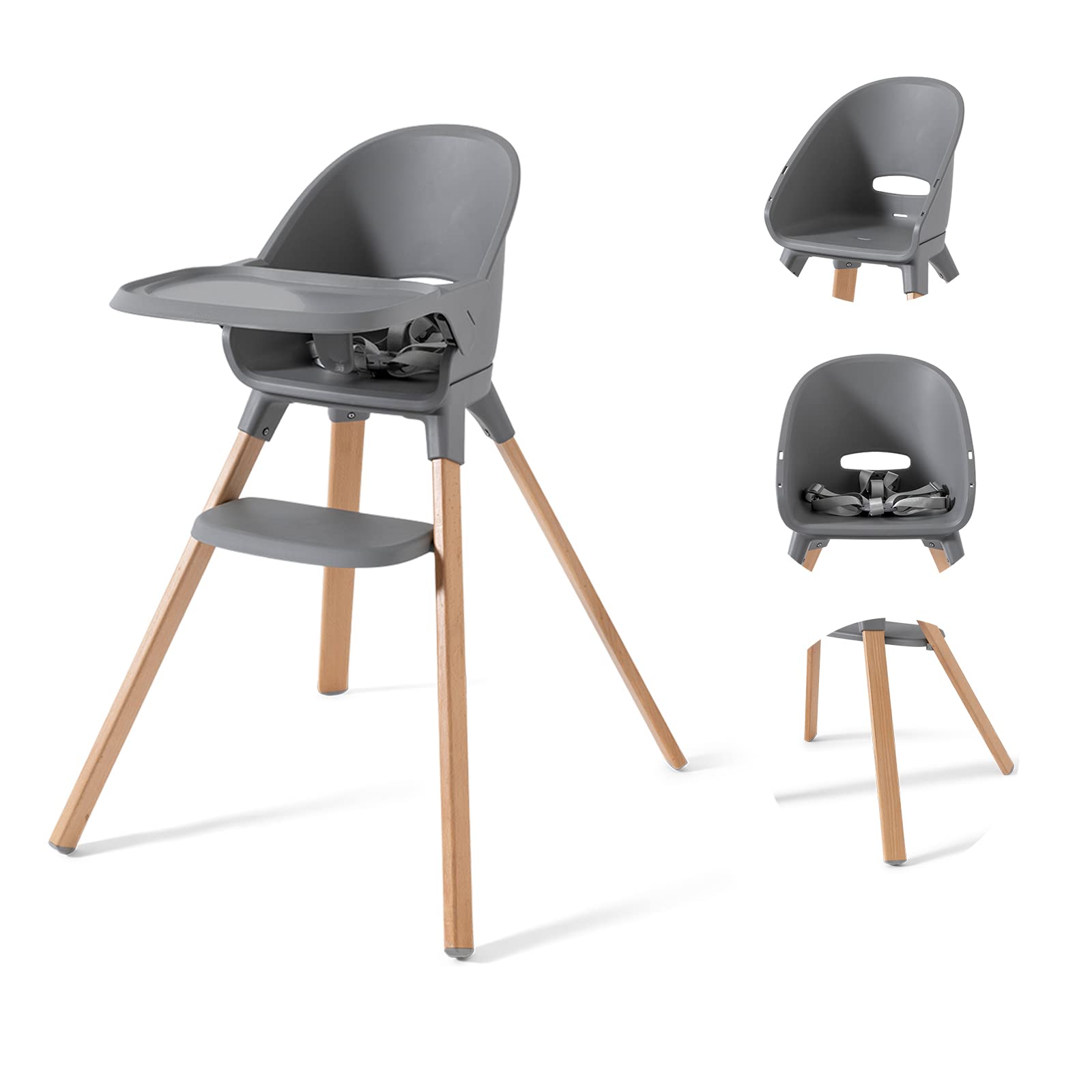 Premium Baby High Chair - Grey Beech Wood with Removable Tray & 5-Point Safety Harness | Lightweight Toddler Dining Chair with Adjustable Footrest | Ergonomic Design for 6-36 Months (Up to 15kg) | Perfect for Home, Restaurant & Travel Use