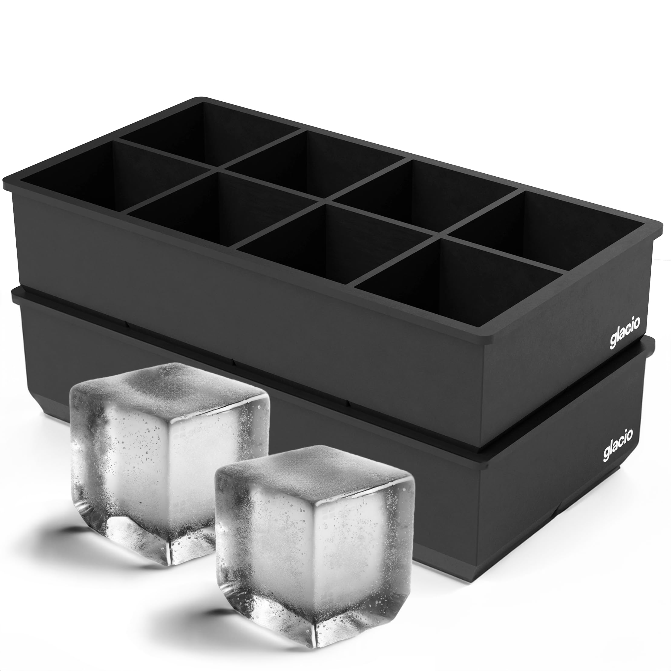 Premium Silicone Ice Cube Trays - 2 Pack Large Square Whiskey Ice Cube Molds for Freezer - Makes 8 Giant Slow-Melting Cubes - Perfect for Cocktails, Whiskey, Bourbon & Home Bars - BPA-Free Flexible Ice Cube Maker by Glacio