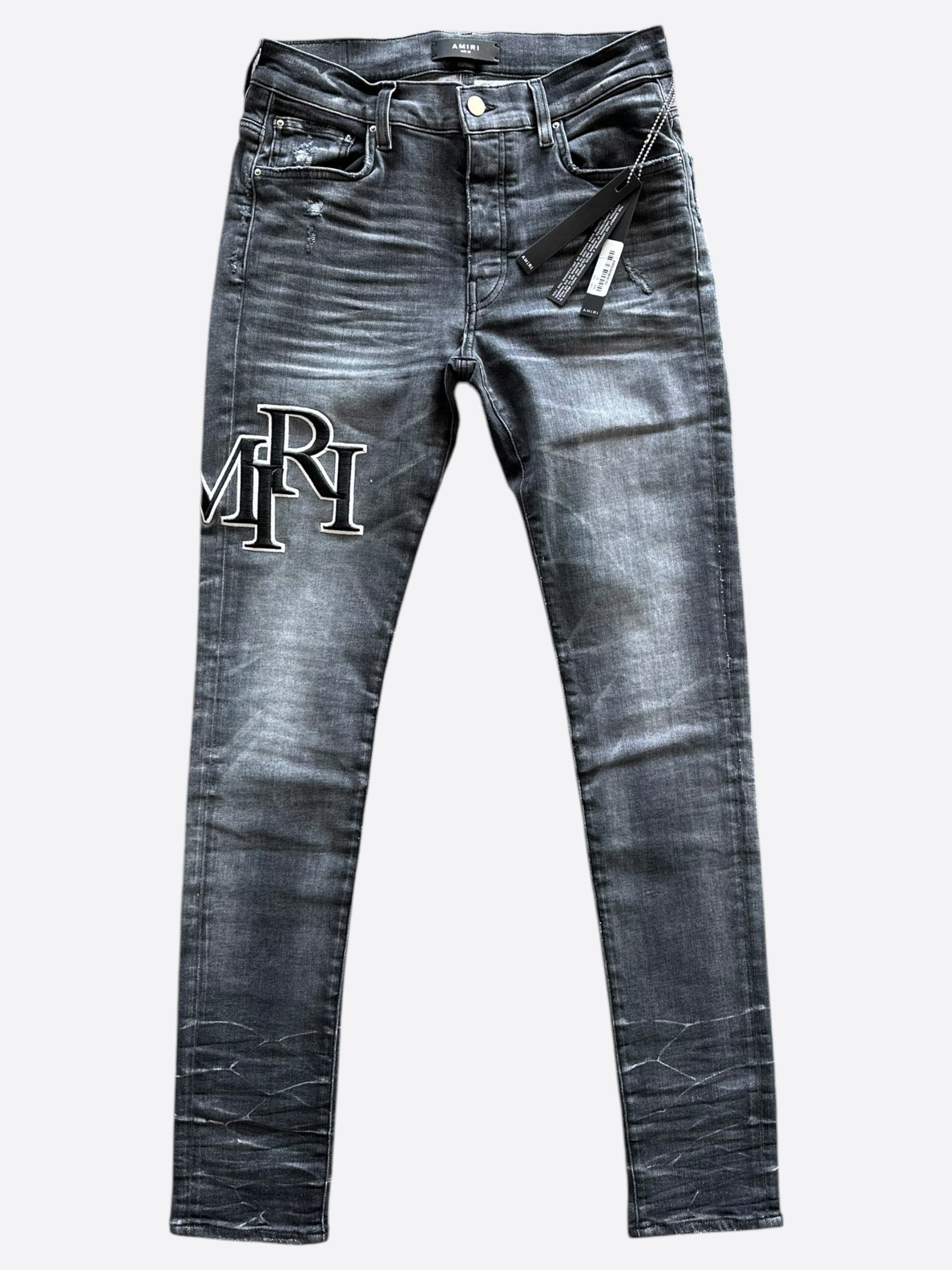 Amiri Storm Grey Staggered Logo Jeans for Men - Premium Distressed Denim Pants with Embroidered Design | Perfect for Casual Wear, Street Style & Night Out