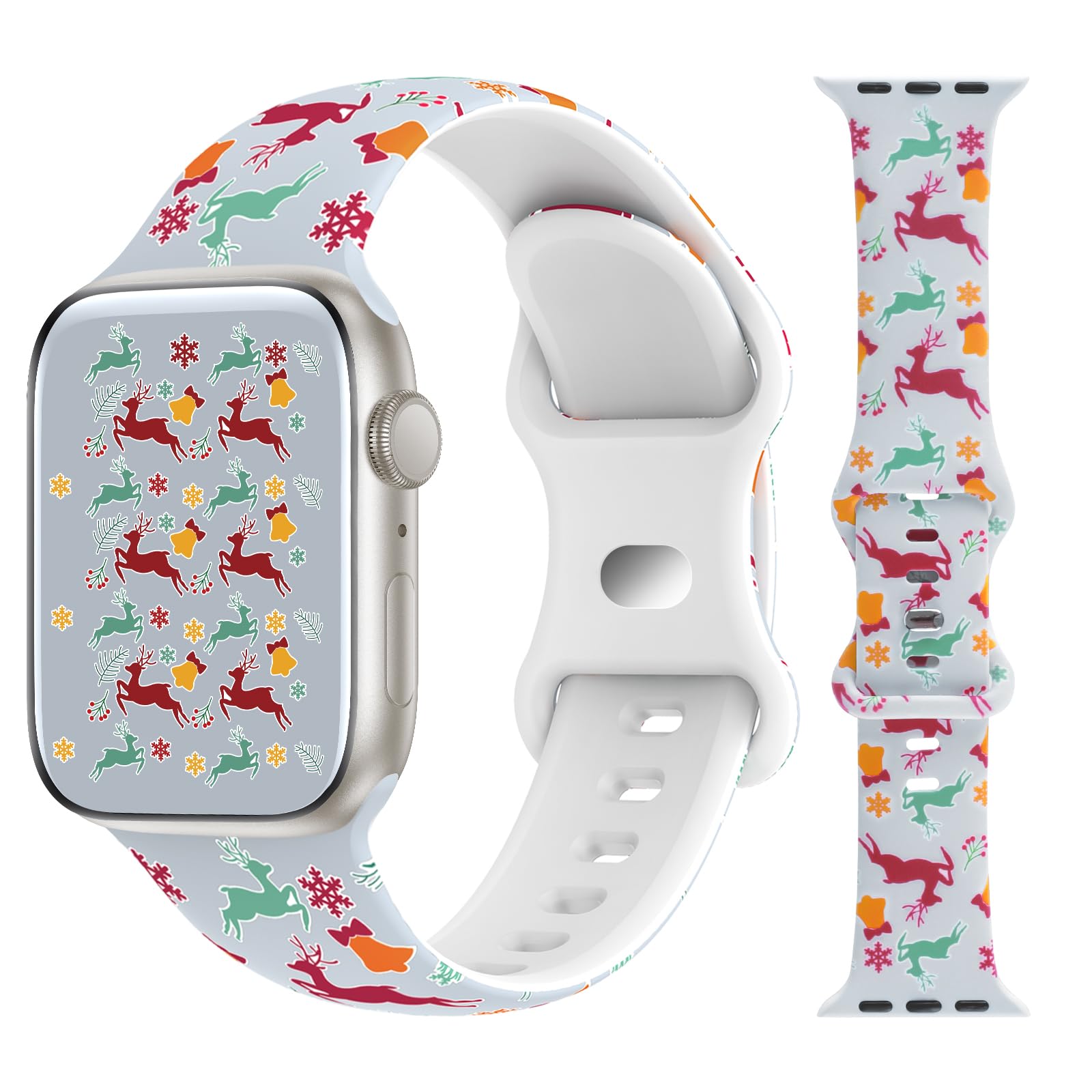 Christmas Themed Silicone Watch Bands for Apple Watch 38mm 40mm 41mm 42mm 44mm 45mm 49mm - Soft Printed Wristband Compatible with iWatch Series 9/8/SE/7/6/5/4/3/2/1/Ultra - Holiday Gift for Women & Men - Perfect for Christmas Parties, Office Celebrations & Festive Gatherings