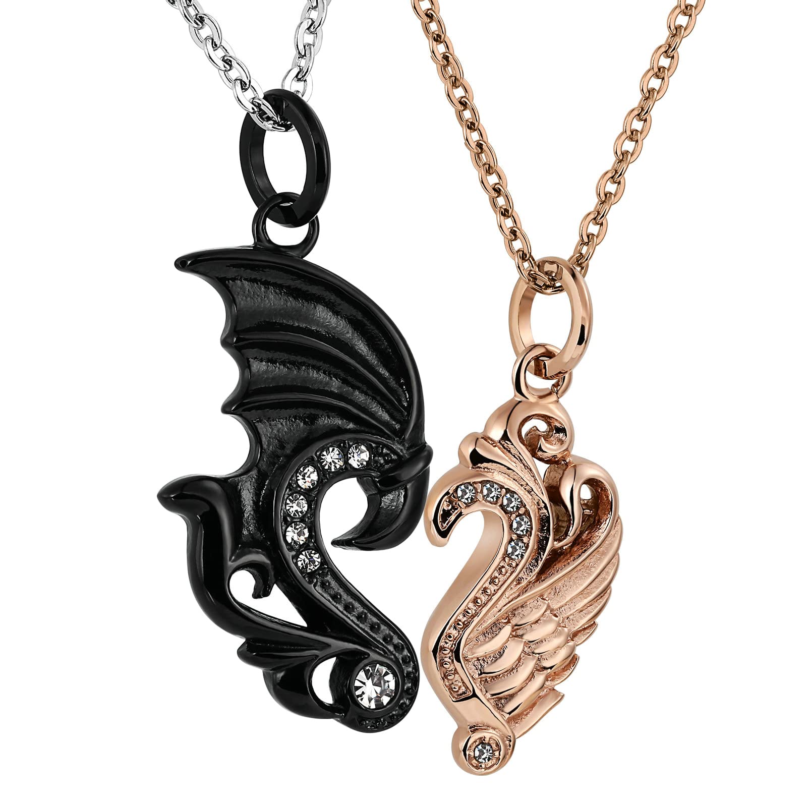 Aeici Matching Couples Necklace Set - Angel & Demon Wing Stainless Steel Pendant Necklace with CZ Stones for Him and Her | Romantic Gift for Anniversaries, Valentine's Day & Couple Jewelry
