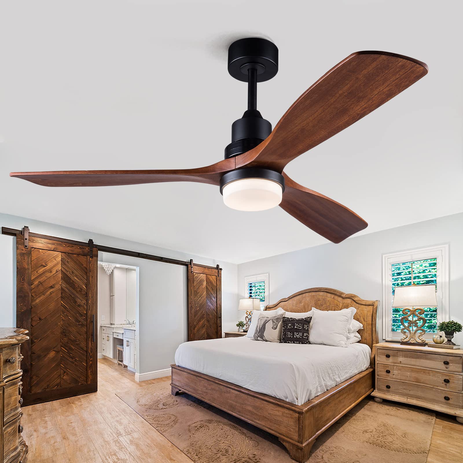 BOJUE 60 Inch Indoor Outdoor Ceiling Fan with Light and Remote Control - Dimmable LED, Quiet DC Motor, 3 Wood Blades - Perfect for Patio, Living Room, Bedroom, Office & Summer House | Energy Efficient Cooling Solution for Year-Round Comfort