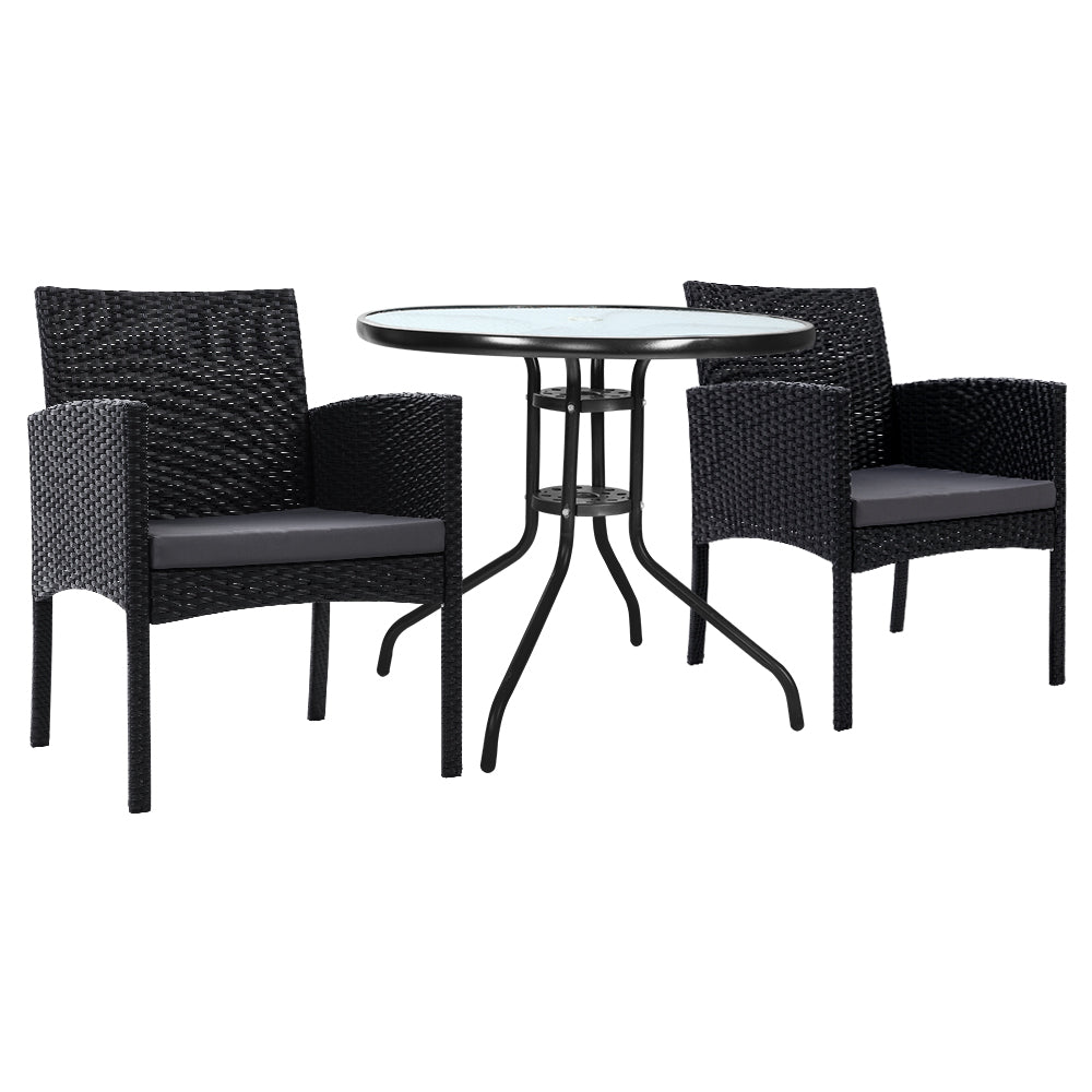 3-Piece Bistro Set Outdoor Patio Furniture - Rattan Table with 2 Chairs & Cushions for Garden, Balcony, Backyard Dining & Relaxation