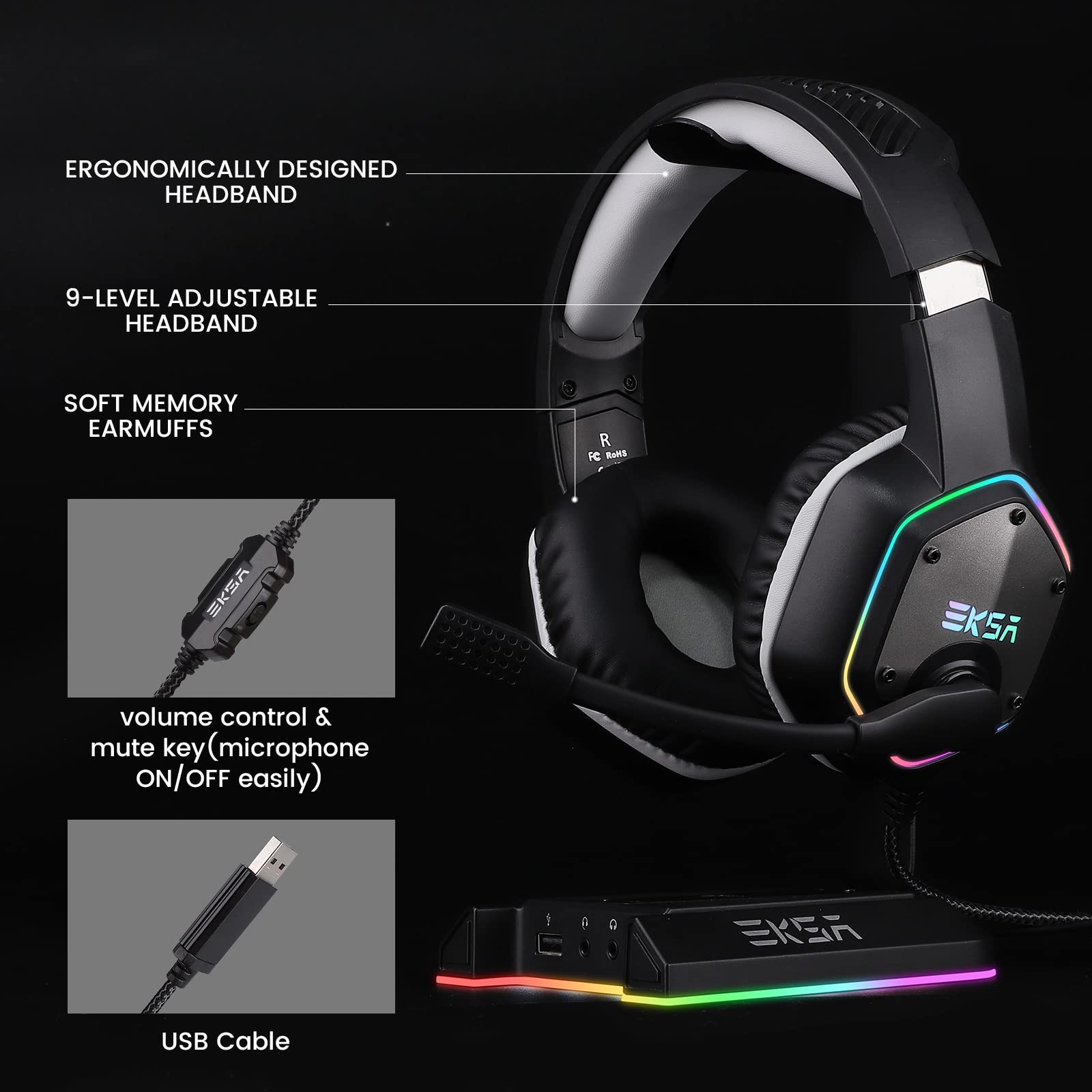 EKSA E1000 USB Gaming Headset with Noise-Canceling Mic - 7.1 Surround Sound RGB Wired Headphones for PC, PS4, PS5, Laptop & Call Center | Perfect for Competitive Gaming, Streaming & Online Meetings