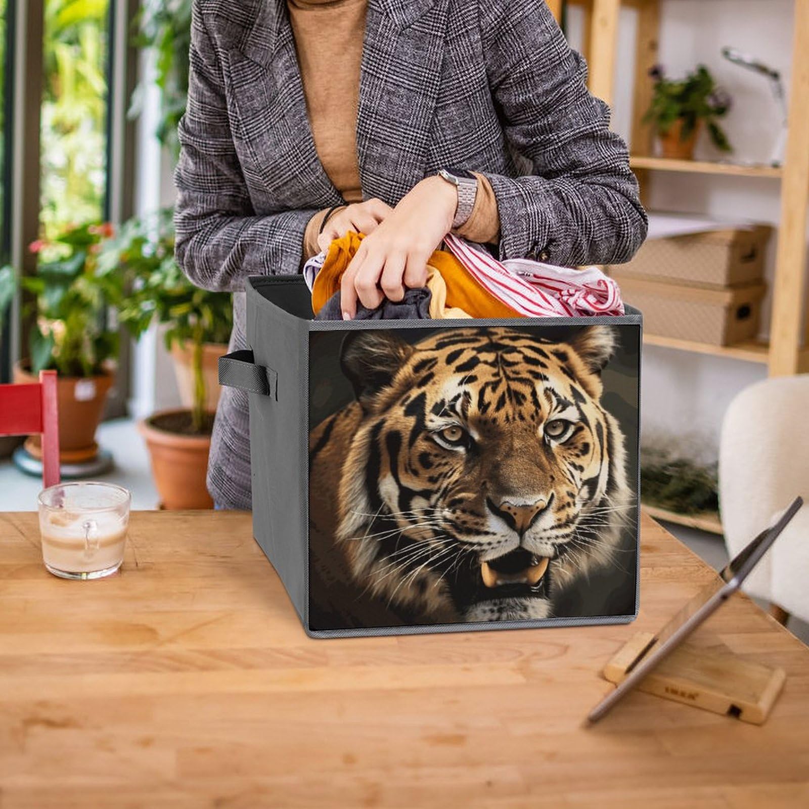 6-Piece Collapsible Storage Bins with Handles - Tiger Print Foldable Organizing Boxes for Shelves, Closet, Pantry | Space-Saving Home & Office Storage Solutions
