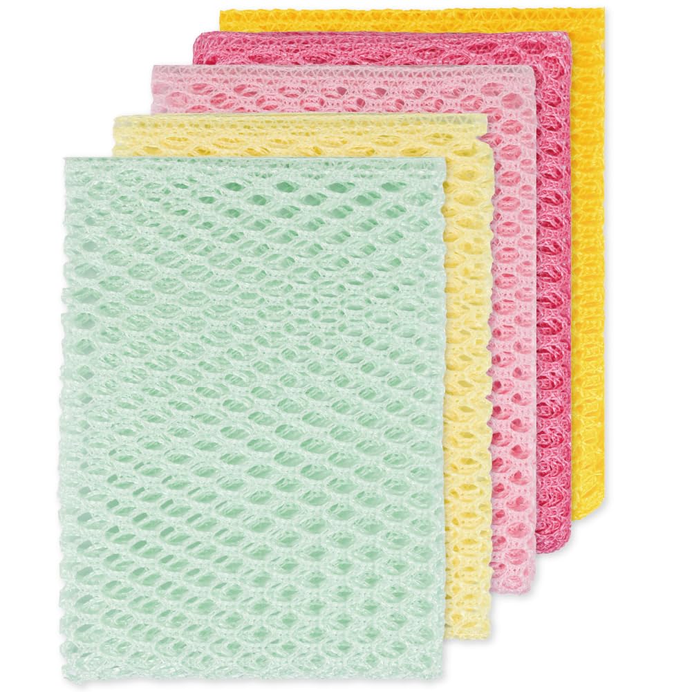 Olivia Tree 5-Pack Premium Dish Washing Net Cloths - Quick Dry Scrubber Sponge for Pots, Pans & Dishes (11x11 Inch) - Durable Kitchen Cleaning Pads for Easy Stain Removal & Grease Cutting