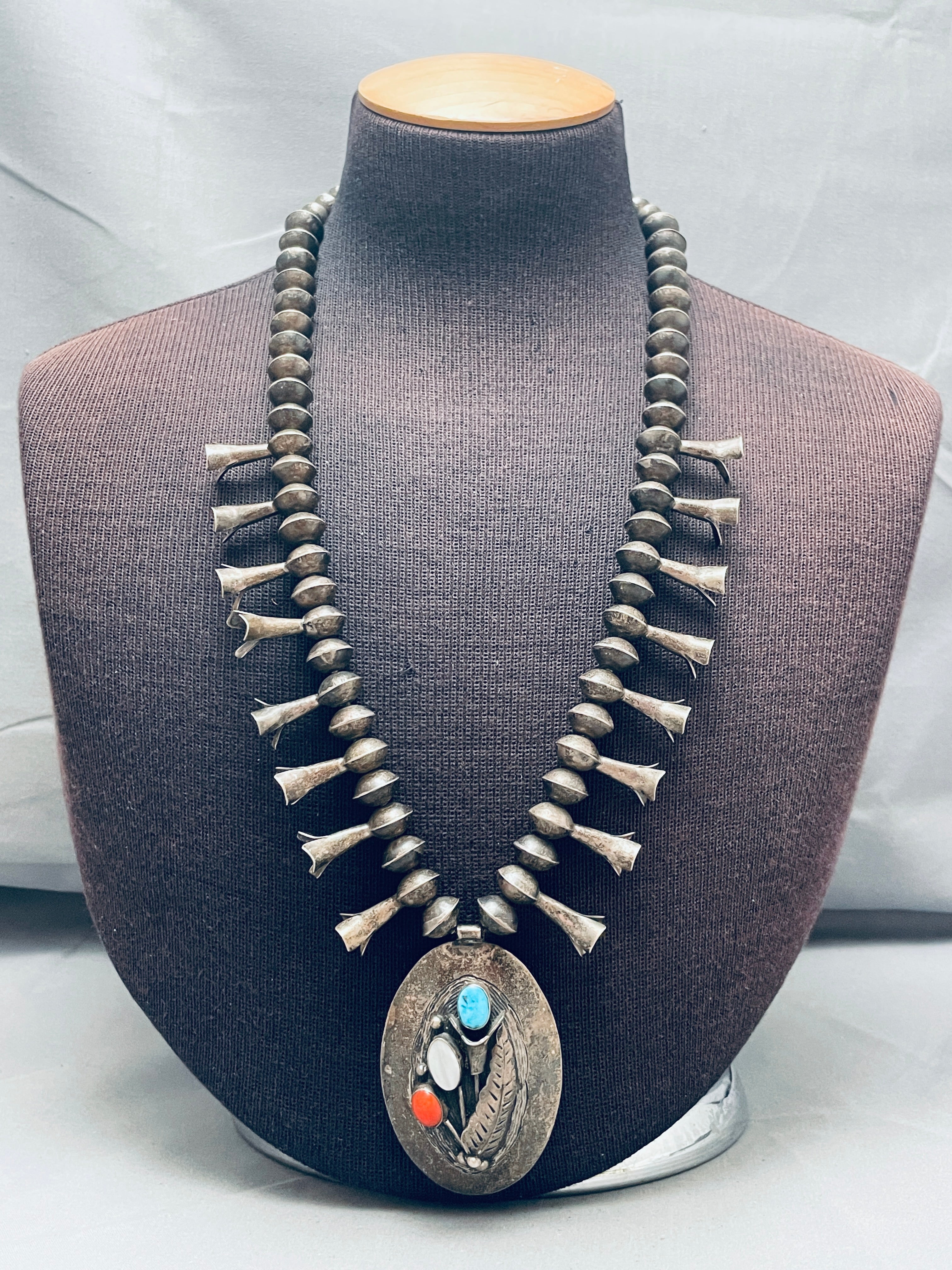 100 Grams Vintage Native American Navajo Turquoise Coral Squash Blossom Necklace - Handmade Jewelry for Women, Boho Style Accessory - Perfect for Festivals, Weddings & Special Occasions