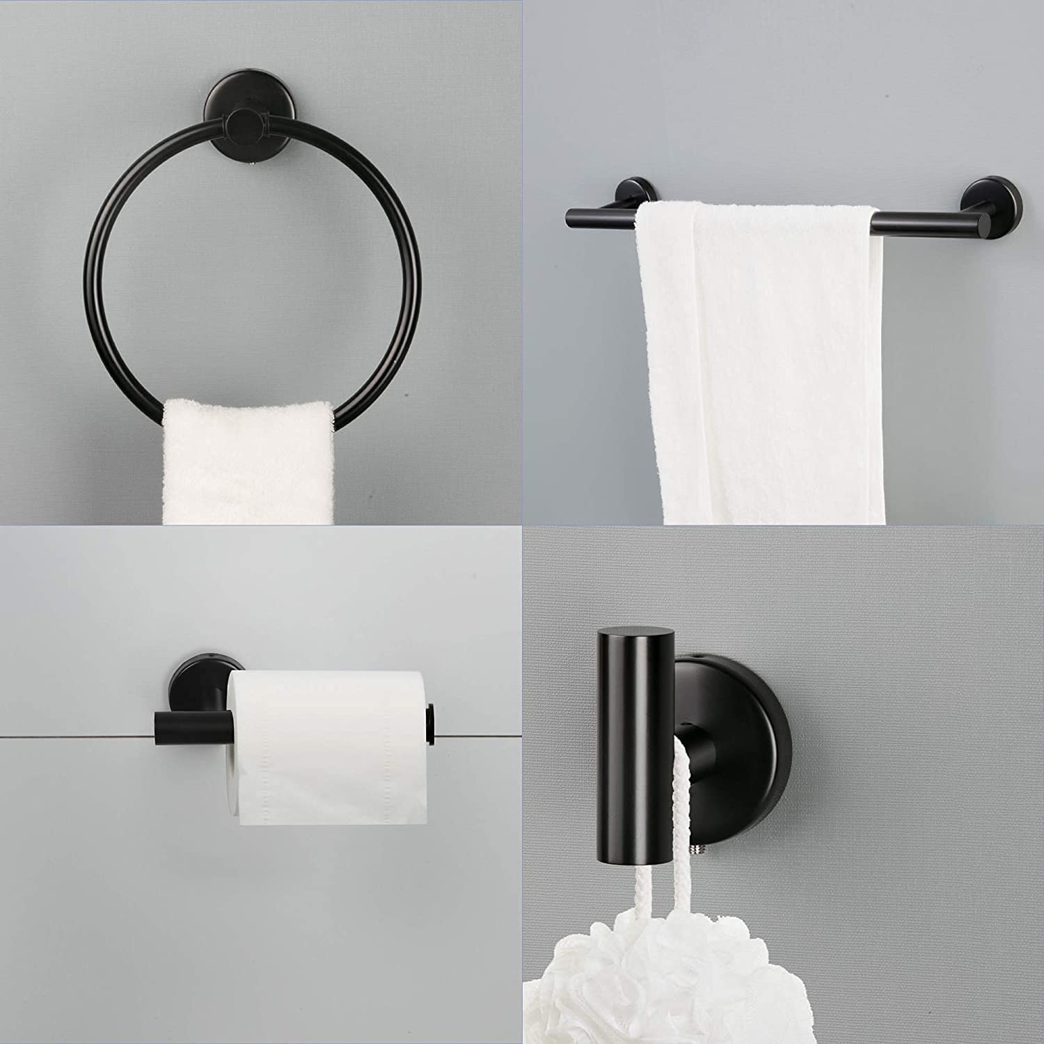 6-Piece Stainless Steel Bathroom Towel Rack Set - Wall Mounted Towel Bar, Towel Ring, Toilet Paper Holder & Robe Hook in Black - Perfect for Modern Bathrooms, Showers & Powder Rooms