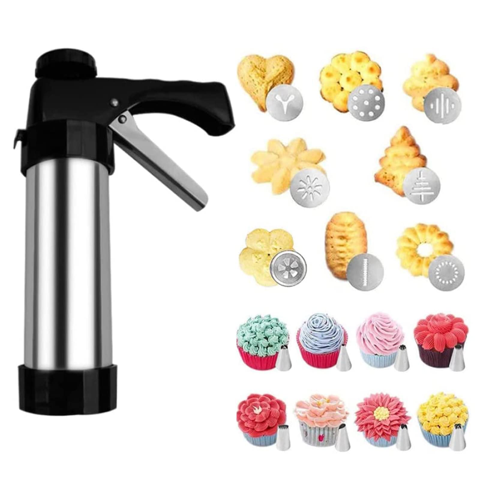 Stainless Steel Cookie Press Kit with 8 Discs & 8 Nozzles - Cookie Gun for Baking, Decorating DIY Cookies - Perfect for Christmas, Wedding & Holiday Cookie Making