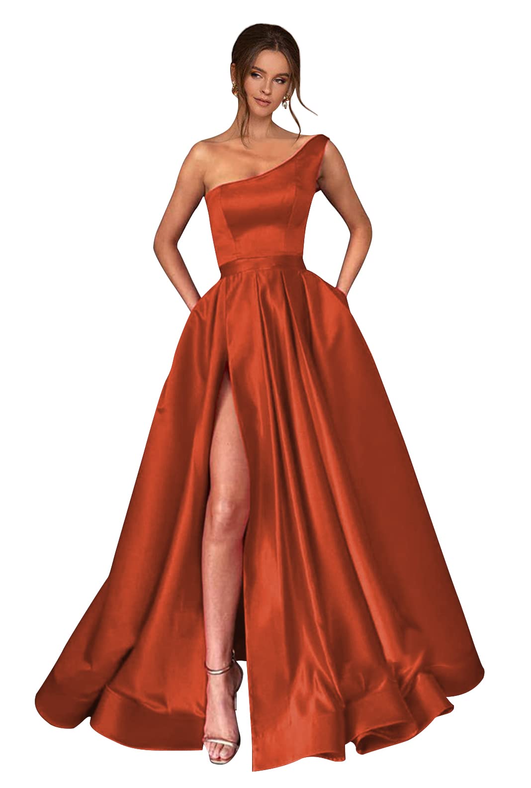 PINMJEE Women's Plus Size One Shoulder Long Prom Dress with Pockets - Satin High Slit Formal Evening Gown in Burnt Orange - Size 22 Plus | Perfect for Prom, Homecoming, Cocktail Parties & Special Occasions