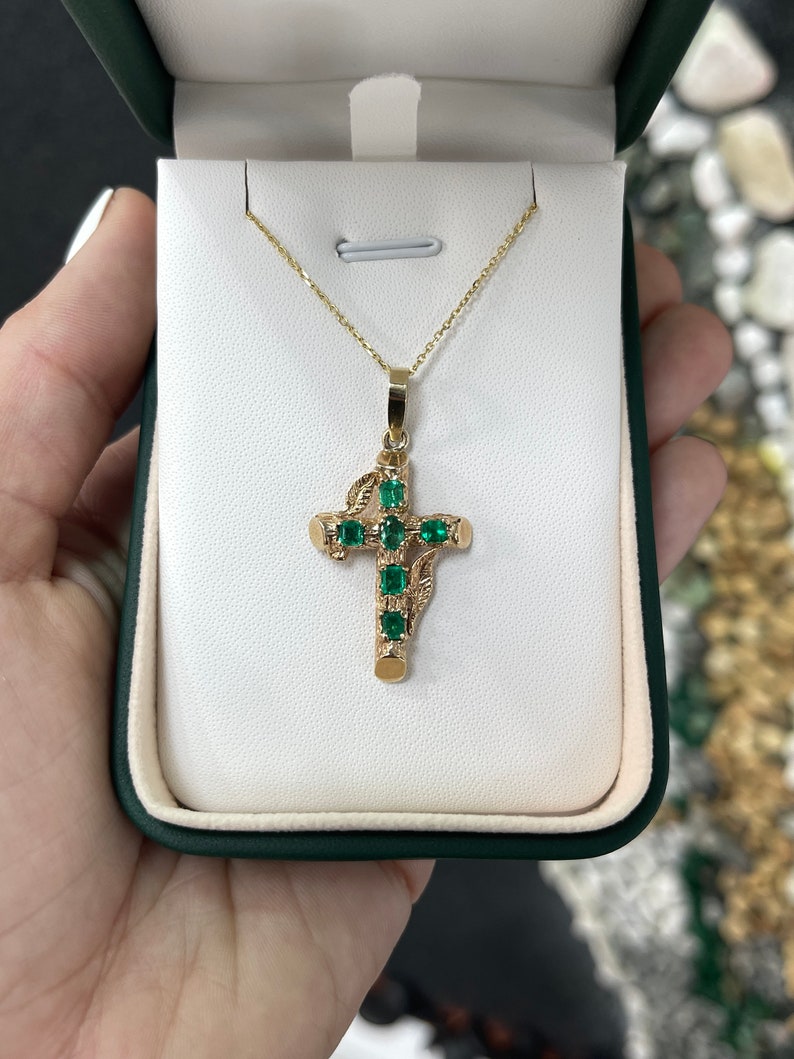 1.75tcw 14K Gold Real Emerald Cross Pendant Necklace - Medium Dark Vivid Green Gemstone Jewelry for Men & Women | Perfect for Gifts, Weddings & Everyday Elegance