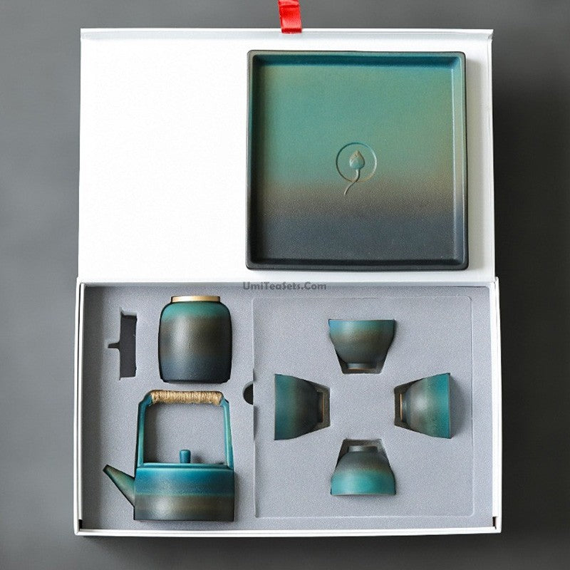 Premium Japanese Cyan Ceramic Tea Set - Traditional Handcrafted 6-Piece Set for Matcha, Green Tea & Herbal Tea | Perfect for Home, Office & Tea Ceremonies