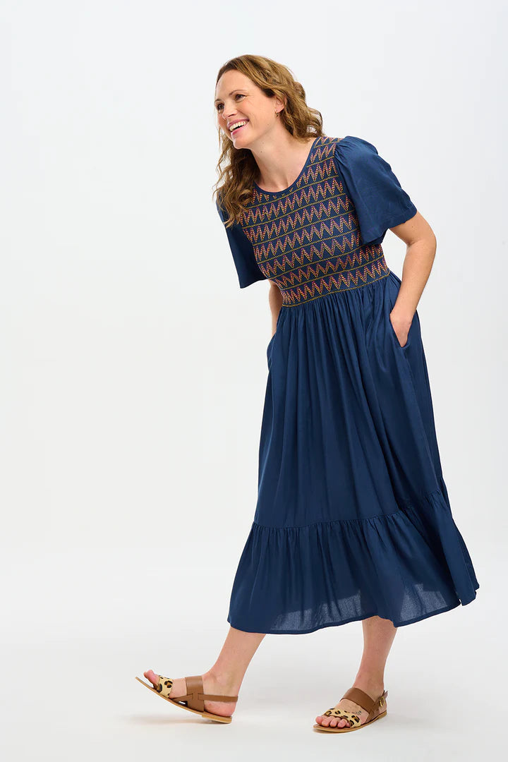 Brielle Midi Shirred Dress - Washed Navy Zigzag Shirring Flowy Summer Dress for Women | Beach Vacation, Date Night, Casual Outings