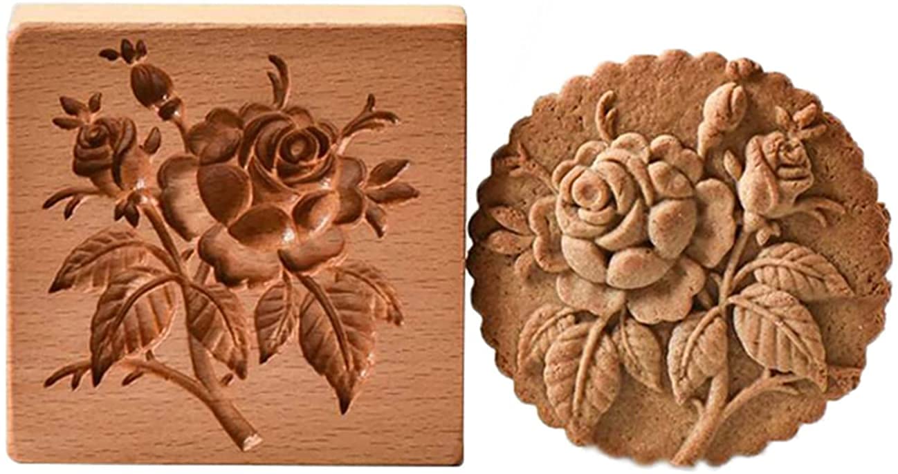 Wooden Cookie Cutter Embossing Mold - Gingerbread Cookie Stamp with Pinecone & Provence Rose Design for Baking, DIY Crafts, and Home Decor - Perfect for Holiday Cookies, Wedding Favors, and Gift Packaging