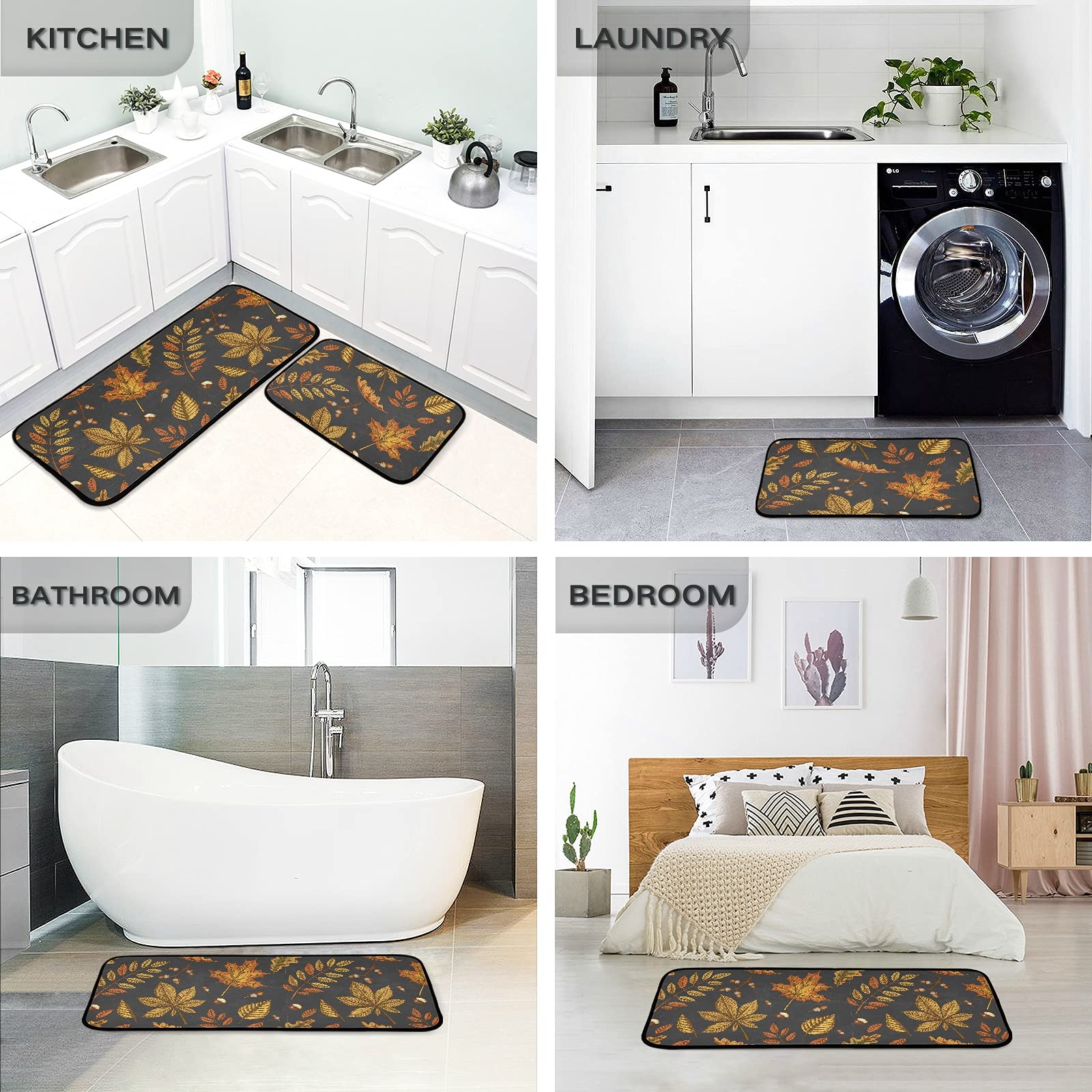 Emelivor Anti-Fatigue Kitchen Mat Set of 2 - Non-Slip Cushioned Memory Foam Rug for Fall/Autumn - Heavy Duty Farmhouse Style Mats for Kitchen, Laundry & Entryway - Perfect for Standing Comfort While Cooking & Cleaning