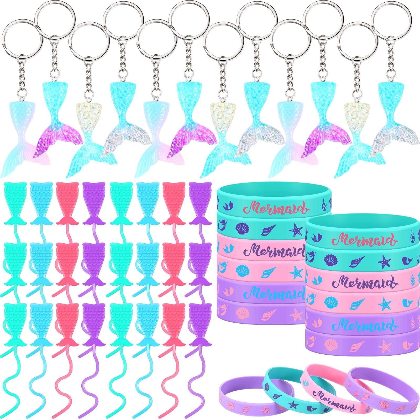 102 Pcs Mermaid Party Favors Set - 12 Keychains, 60 Sticky Hand Toys, 30 Silicone Bracelets for Girls Birthday | Mermaid Themed Goodie Bag Fillers, Pinata Basket Supplies & Underwater Party Decorations