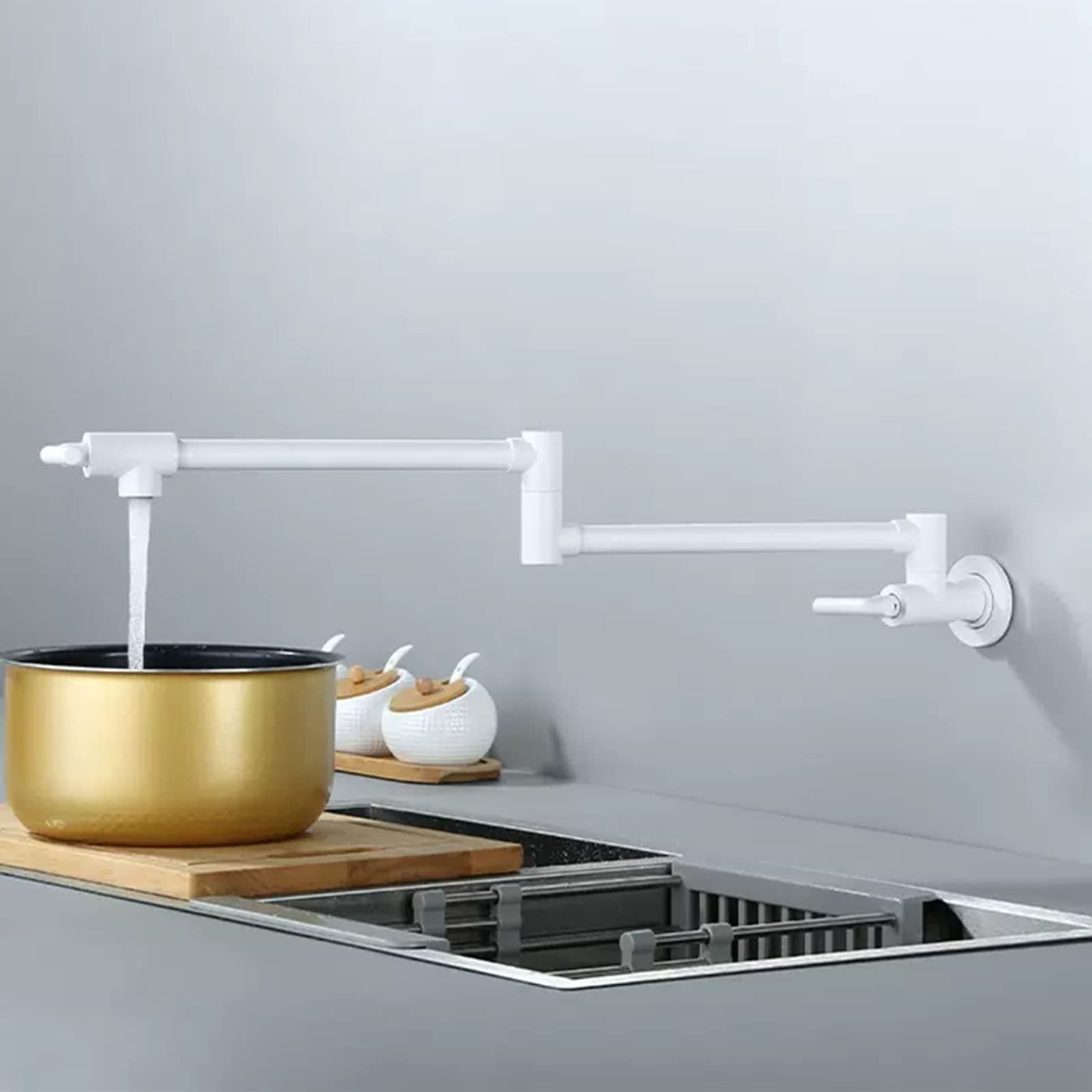 Brass Wall Mount Pot Filler Faucet - Single Hole Two Handle Swing Arm Kitchen Faucet with Double Joint Folding Design | Perfect for Soup Pots, Pasta Cooking & Large Batch Meal Prep