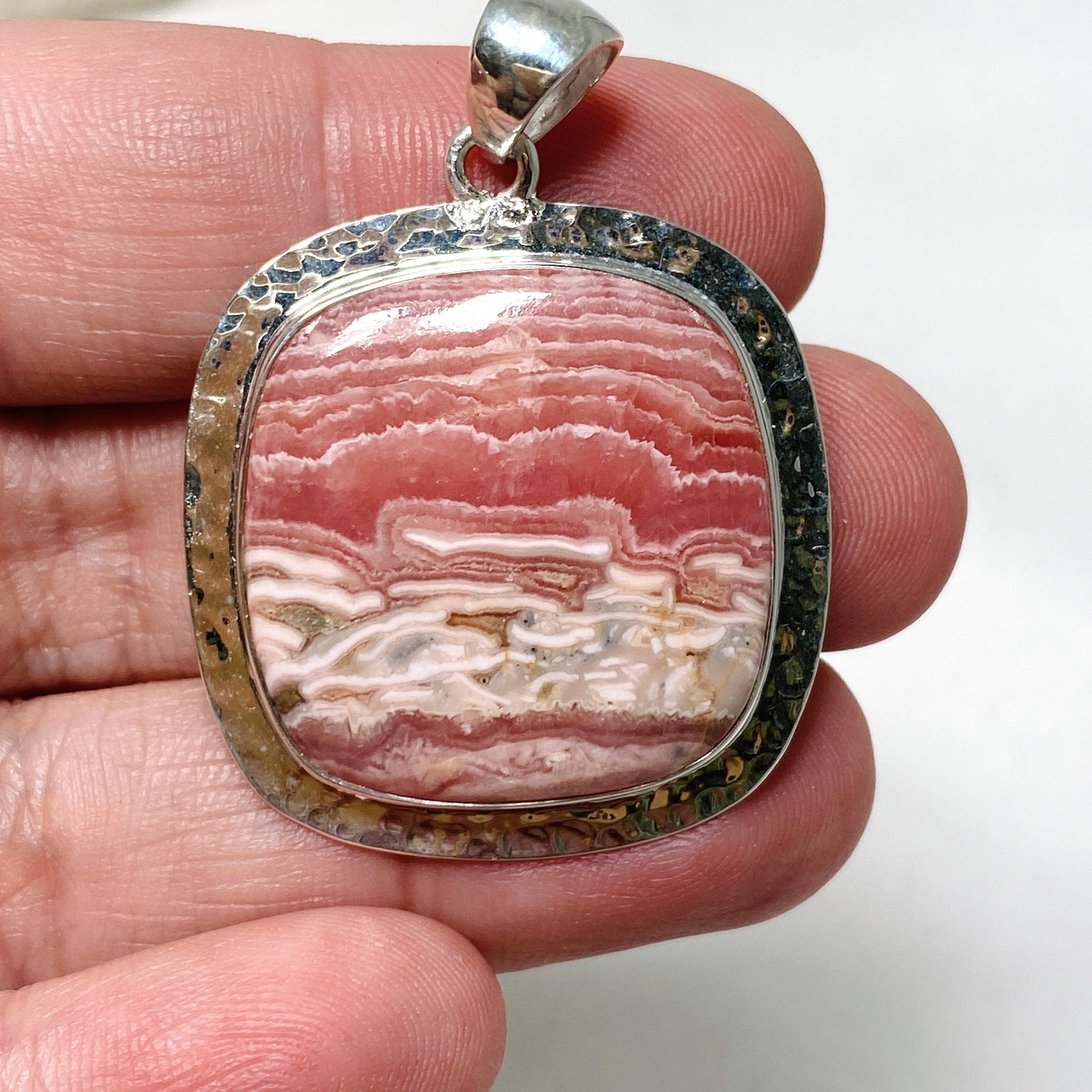 Rhodochrosite Square Pendant Necklace - Handcrafted Hammered Sterling Silver Jewelry KPGJ4322 | Perfect for Gifts, Weddings & Special Occasions