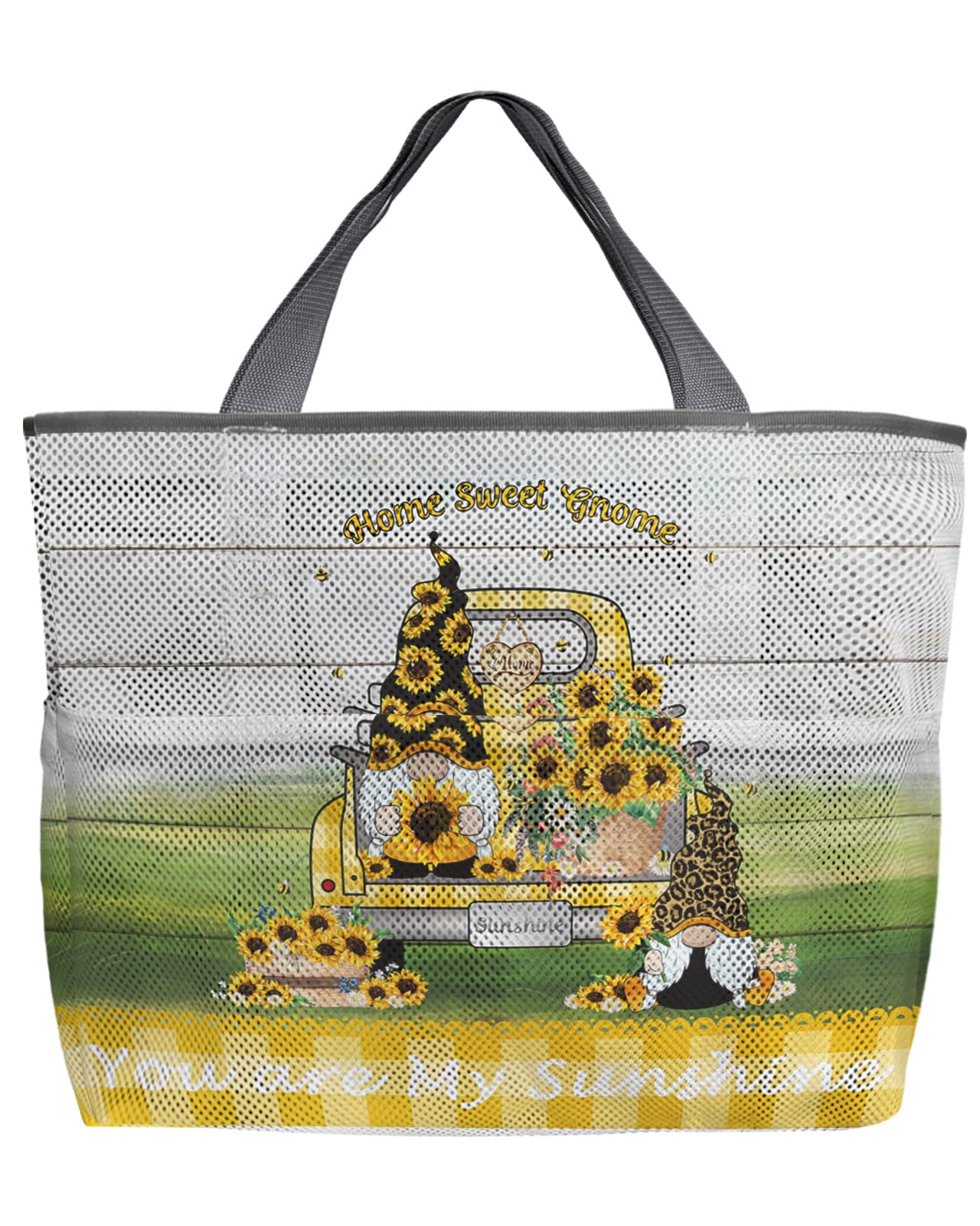 60L Oversized Mesh Beach Tote Bag with Pockets - Yellow Plaid & Wood Grain Design - Lightweight Sunflower Gnome Farmhouse Truck Print - Perfect for Pool, Grocery Shopping & Beach Trips (24