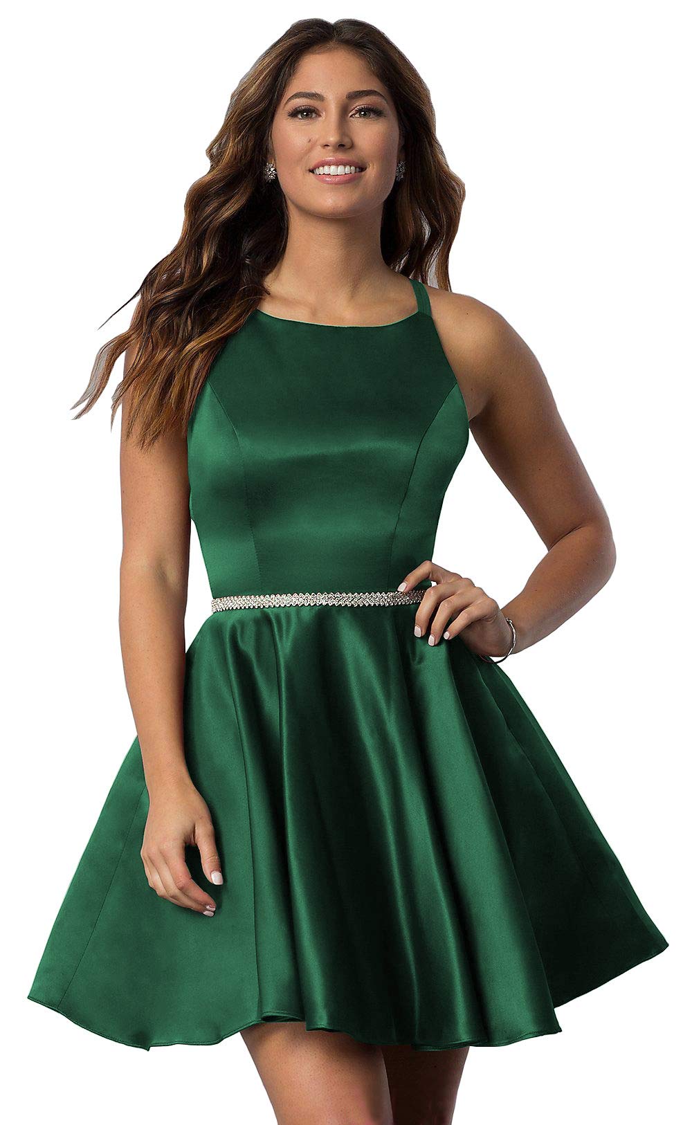 POMUYOO Women's Elegant Beaded Satin Prom Dress - Short Homecoming Party Dress with Scoop Neck & Pockets - Perfect for Prom, Homecoming, Cocktail Parties & Special Occasions