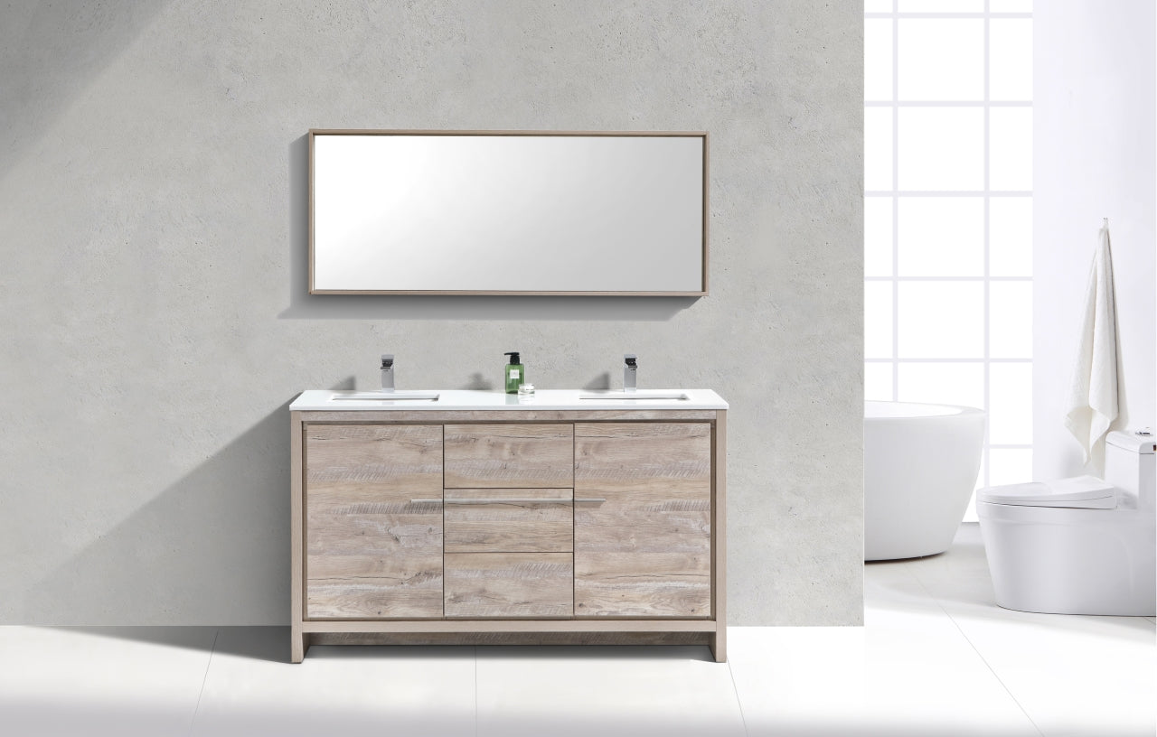 Modern Double Sink Bathroom Vanity with Nature Wood & Quartz Countertop - Floor Standing AD60 for Contemporary Homes | Perfect for Master Bathrooms & Guest Suites