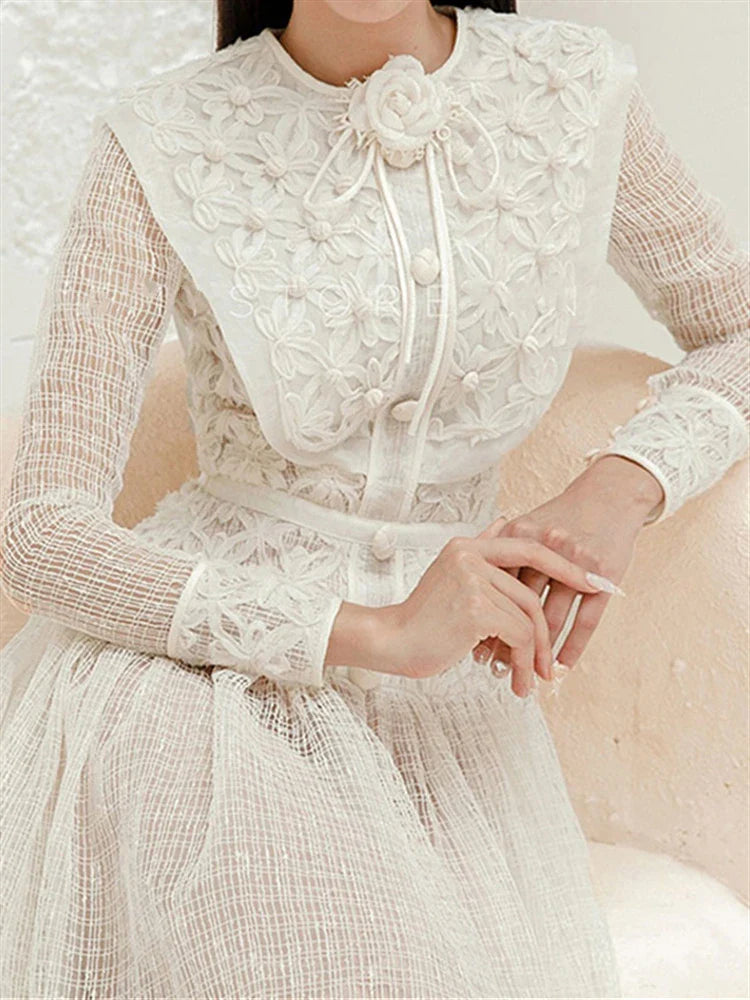 Elegant Boho Vintage Women's Dress - Embroidered Lace High Waist Long Sleeve Party Gown for Autumn & Spring | Perfect for Weddings, Cocktail Parties & Special Occasions
