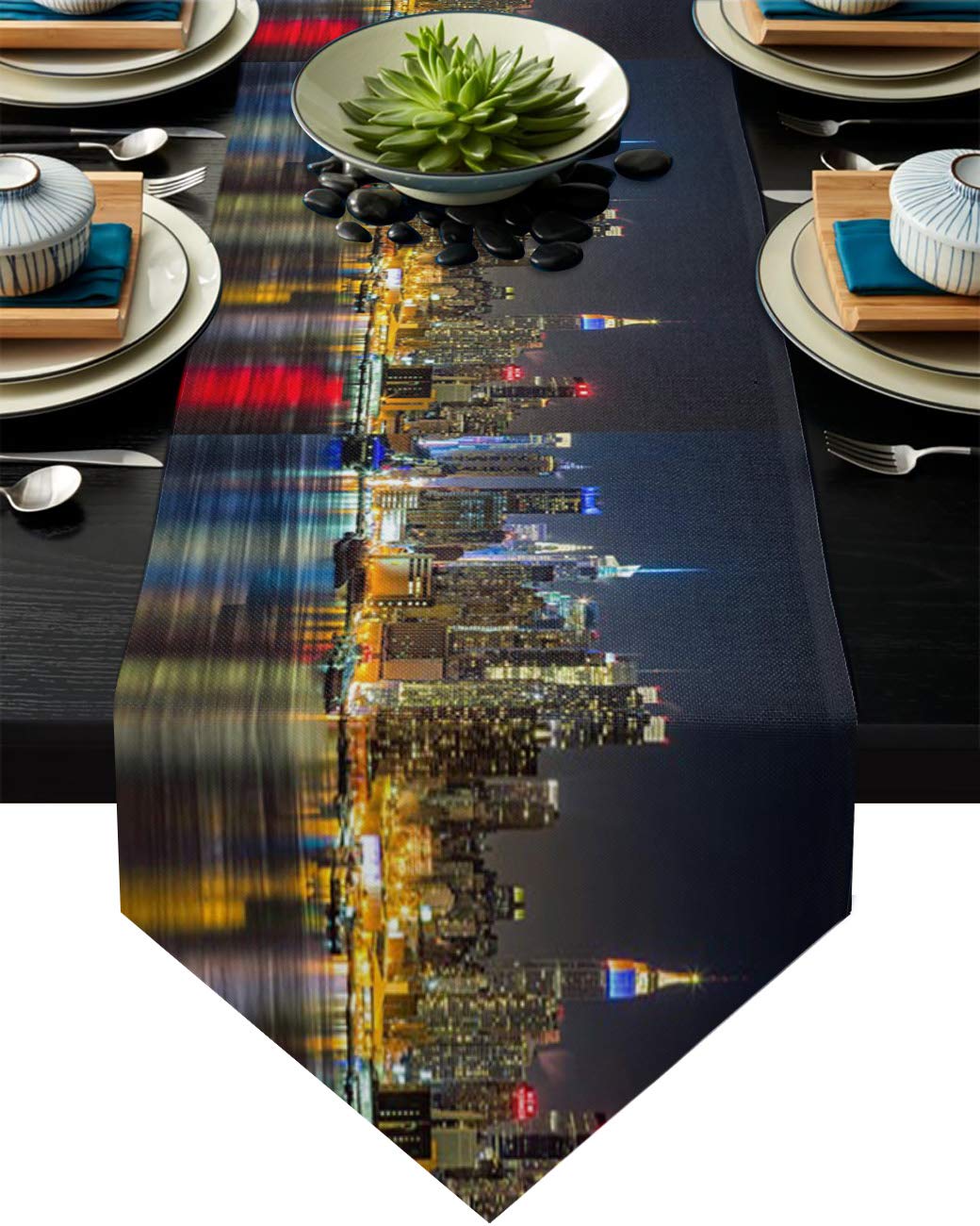 Linen Burlap Table Runner - NYC Skyline Decor for Dining & Party