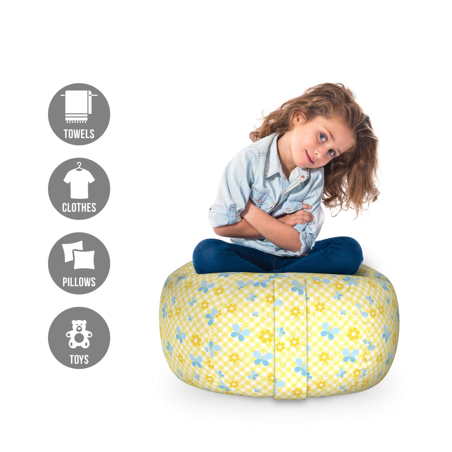 Ambesonne Checkered Toy Storage Bag Chair - Daisy Flower & Butterflies Pattern, Washable Stuffed Animal Organizer, Small Size Pale Blue - Perfect for Kids' Room, Playroom & Nursery Organization
