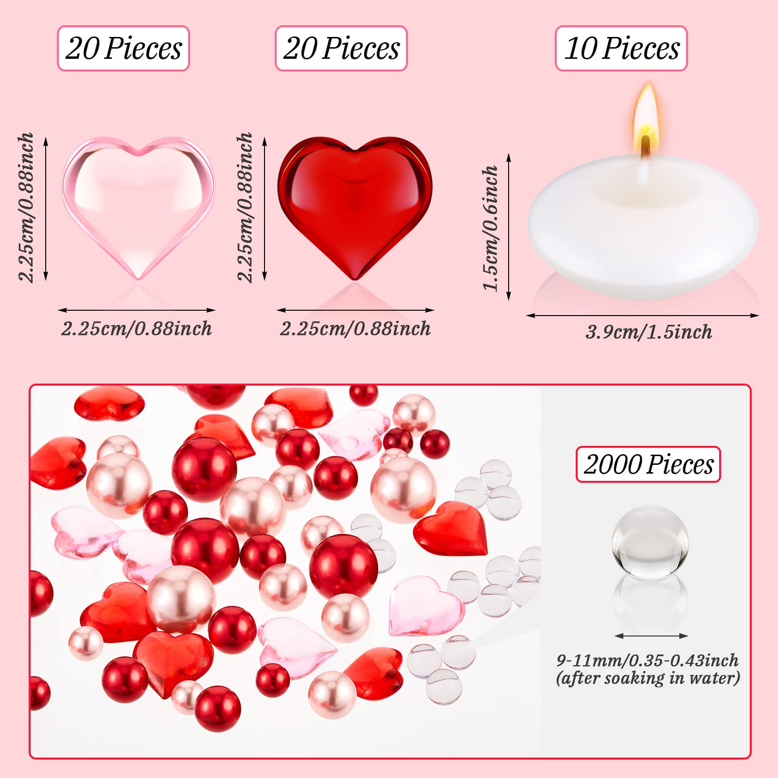 MTLEE 2116 Red Love Pearls Vase Fillers with 10 Floating Candles - Romantic Table Decor for Dating & Home