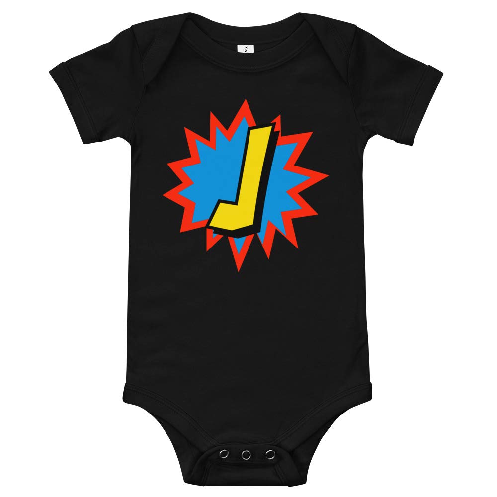 Personalized Baby Bodysuit with Comic Book Superhero Art - Custom Letter J Infant Onesie - Unique Baby Gift Idea for Newborns & Showers - Perfect for Birthdays, Christenings & Photo Shoots
