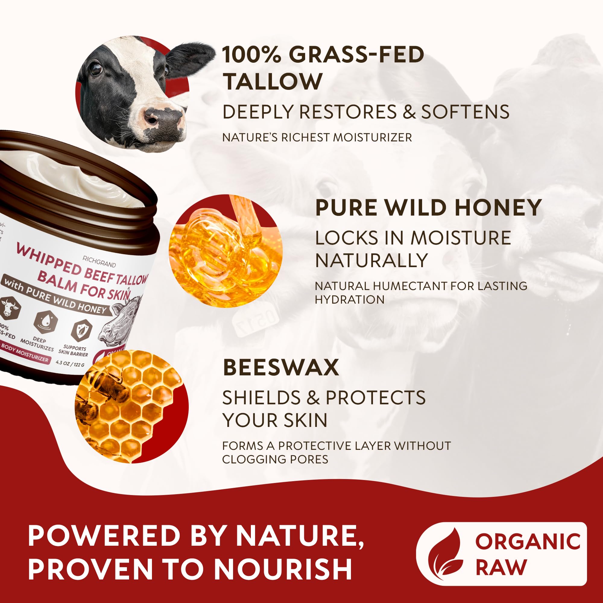 Organic Whipped Beef Tallow Moisturizer with Wild Honey & Beeswax - Grass-Fed, 100% Natural Face & Body Balm for Deep Hydration, Anti-Aging & Sensitive Skin Care - Perfect for Dry Skin, Eczema & Nighttime Skincare Routine
