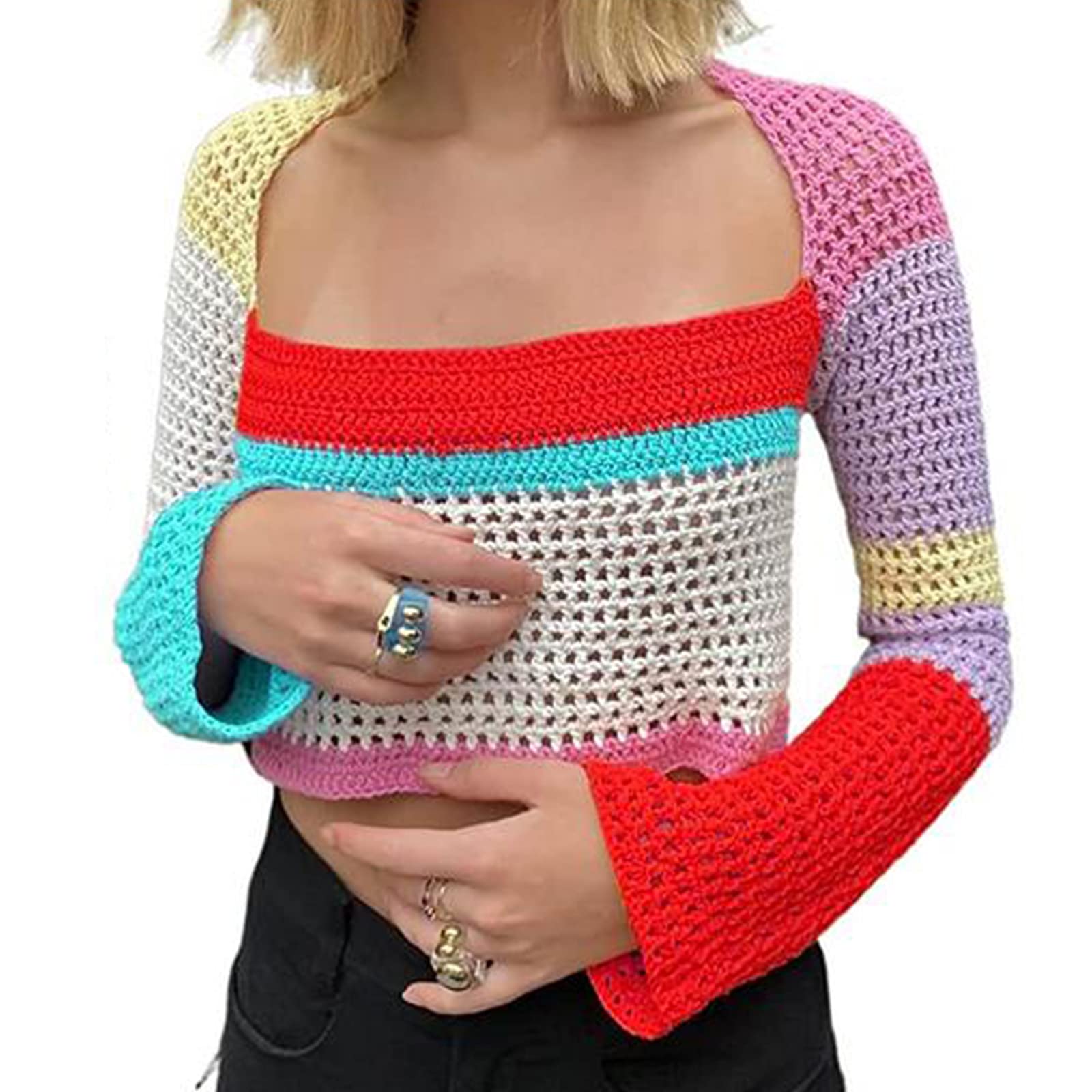 Sunloudy Women's Cropped Knit Top - Long Sleeve Crochet Hollow Out Square Neck Sweater for Fall & Winter - Perfect for Casual Outfits, Date Nights and Office Wear