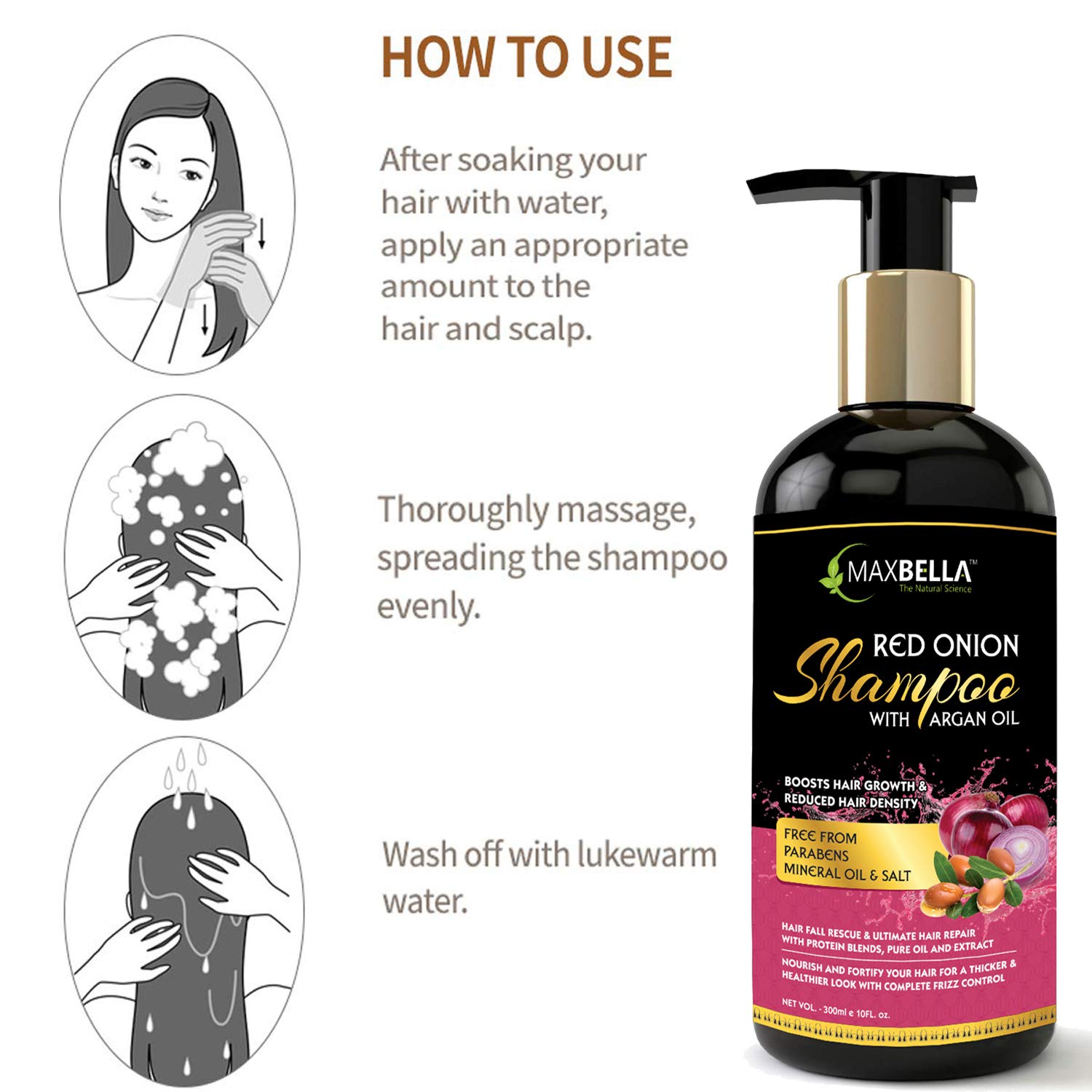 MAXBELLA® Onion Shampoo for Hair Growth & Hair Fall Control - Paraben-Free Daily Care Shampoo for Men & Women (300ml) - Promotes Thicker, Healthier Hair for Daily Use & Scalp Care