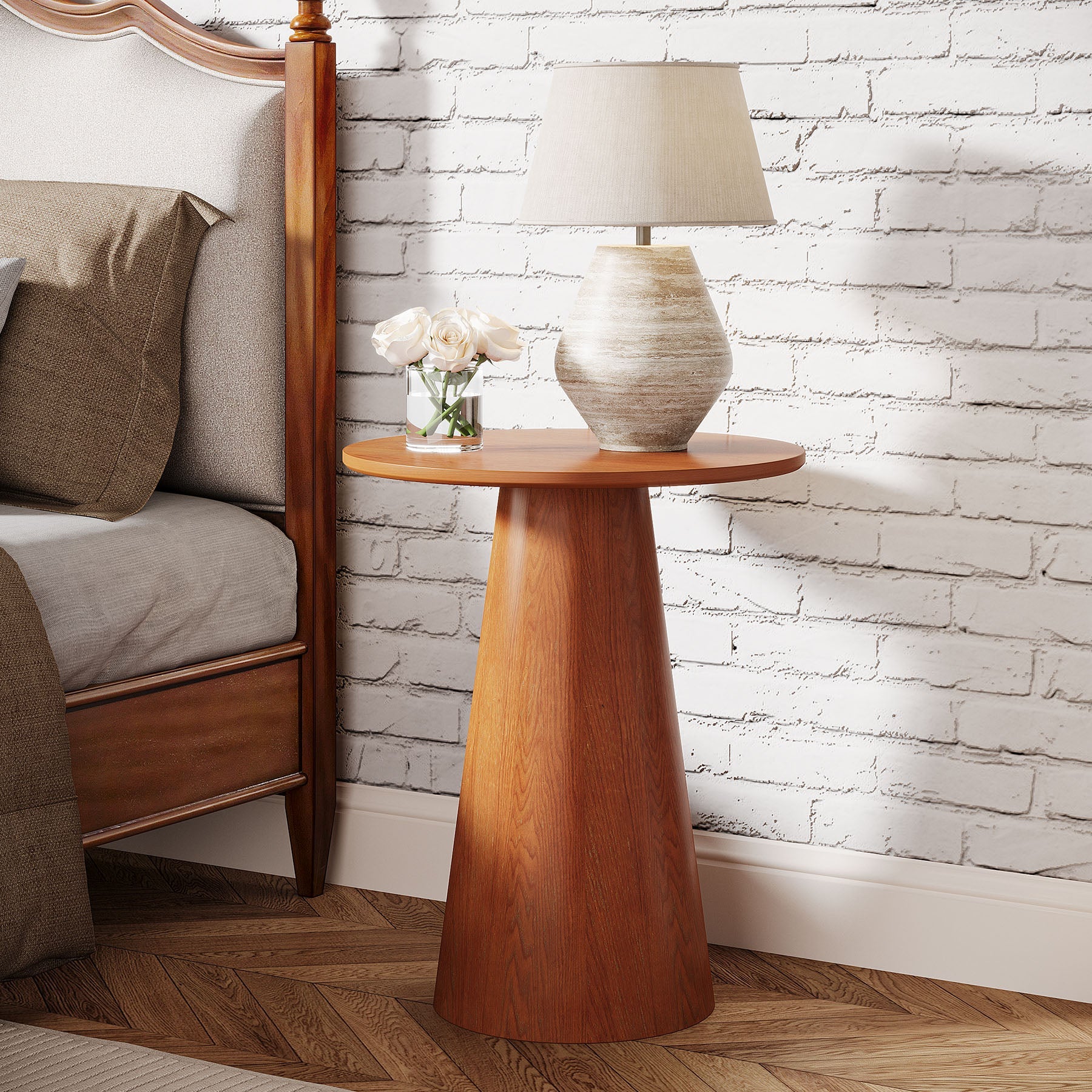 Round End Table - Solid Wood Veneer Farmhouse Side Table for Living Room, Bedroom, or Office | Rustic Home Decor Accent Table